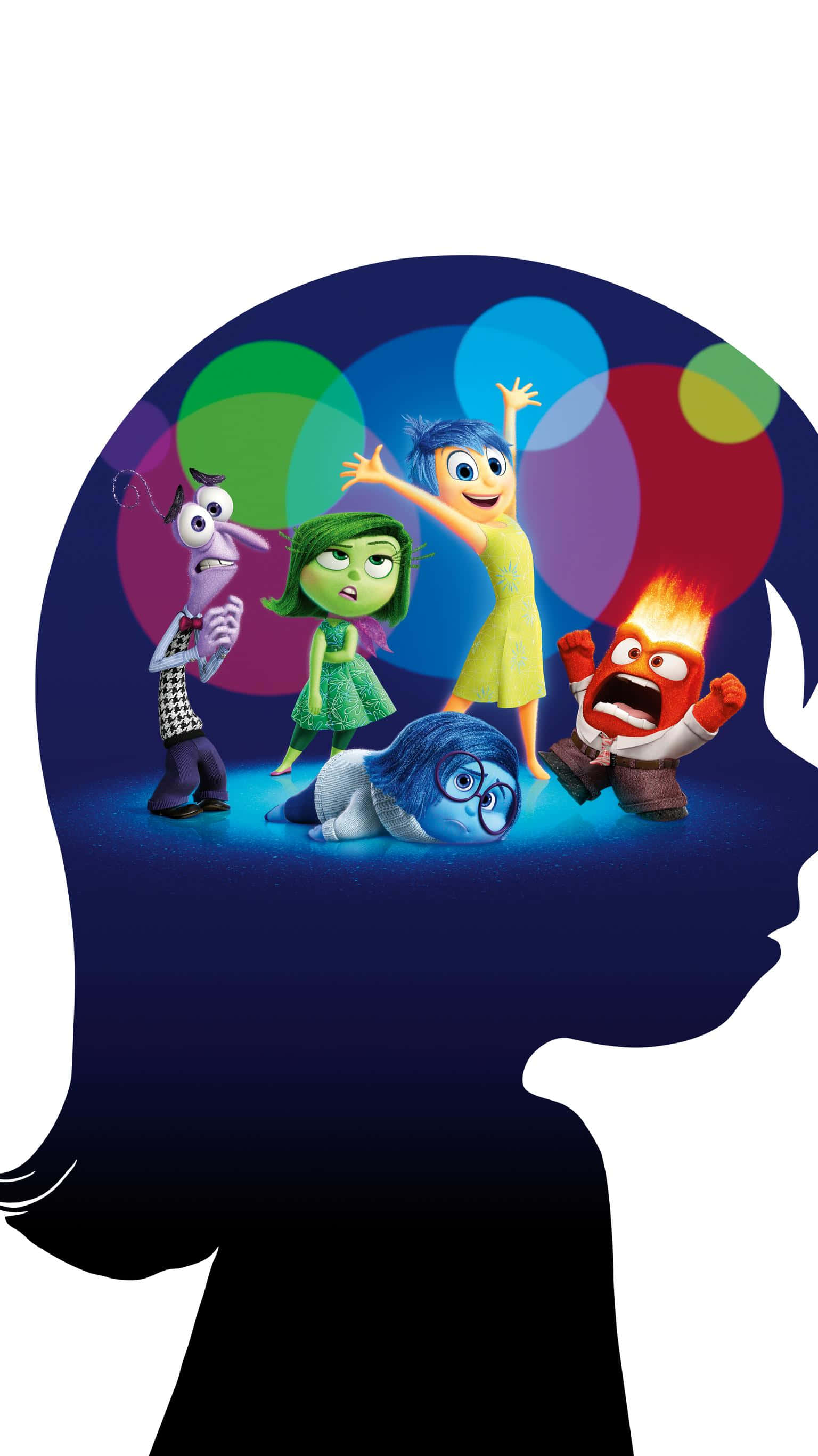 Inside Out 桌布 壁紙 — 在一個人頭剪影內，五種色彩繽紛的動畫情緒在代表內在思想和感受的發光球體中舞動。