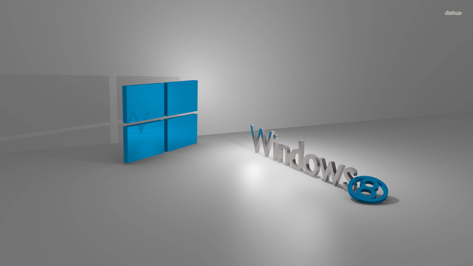 Laptop Desktop 桌布 壁紙 — 在一個光線柔和、無菌的灰色房間中，Windows 標誌和文字的極簡 3D 渲染。