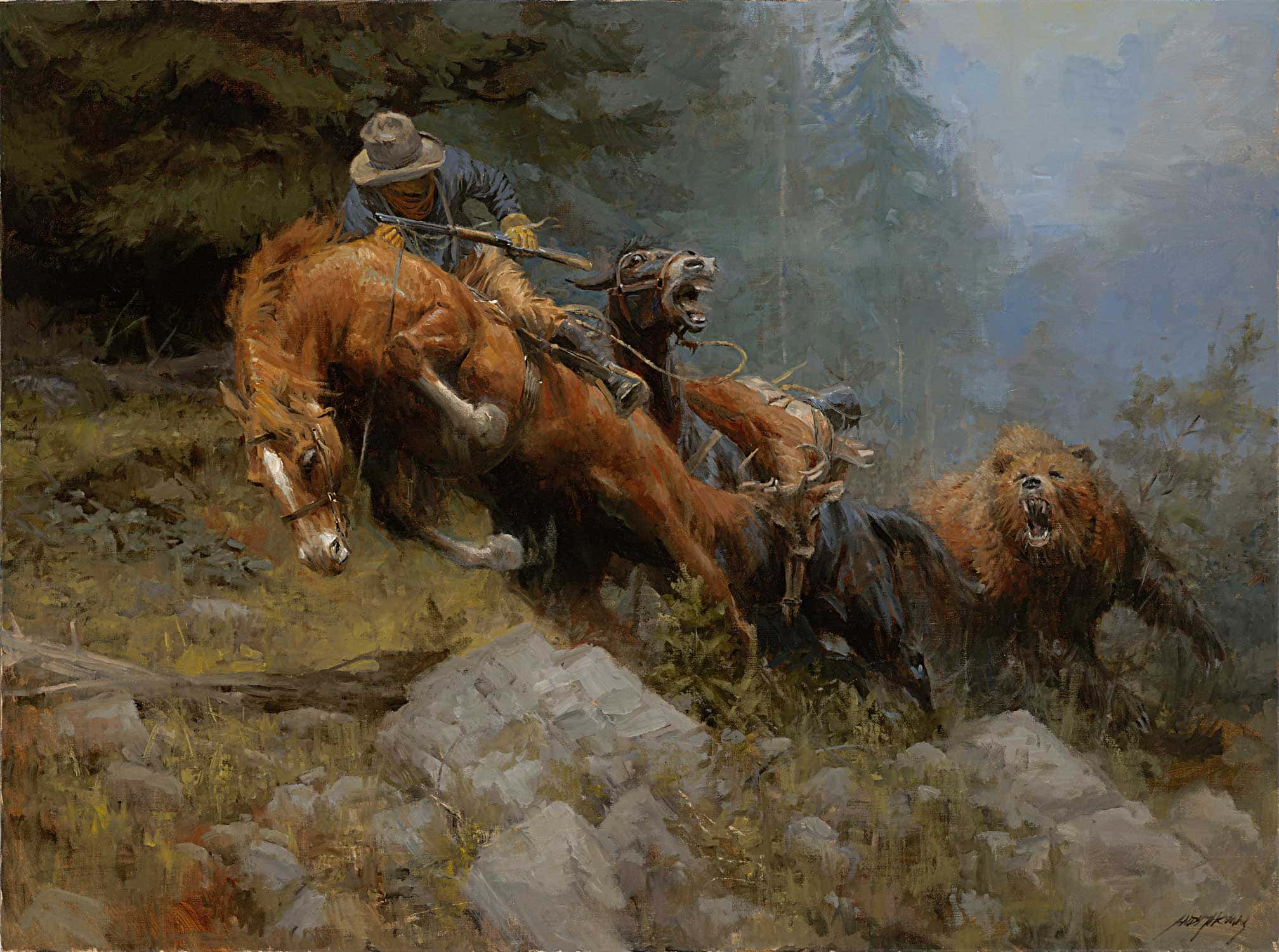 Wild West 桌布 壁紙 — 在一個多霧、岩石地形的森林空地中，一名騎著烈馬的牛仔正衝向一隻咆哮的熊。