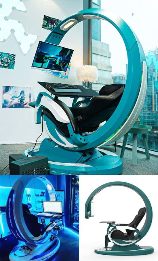 Gaming Chairs 桌布 壁紙 — 在一個高科技城市辦公室中，未來感的青綠色電競椅，配備內置顯示器和浮動控制裝置。