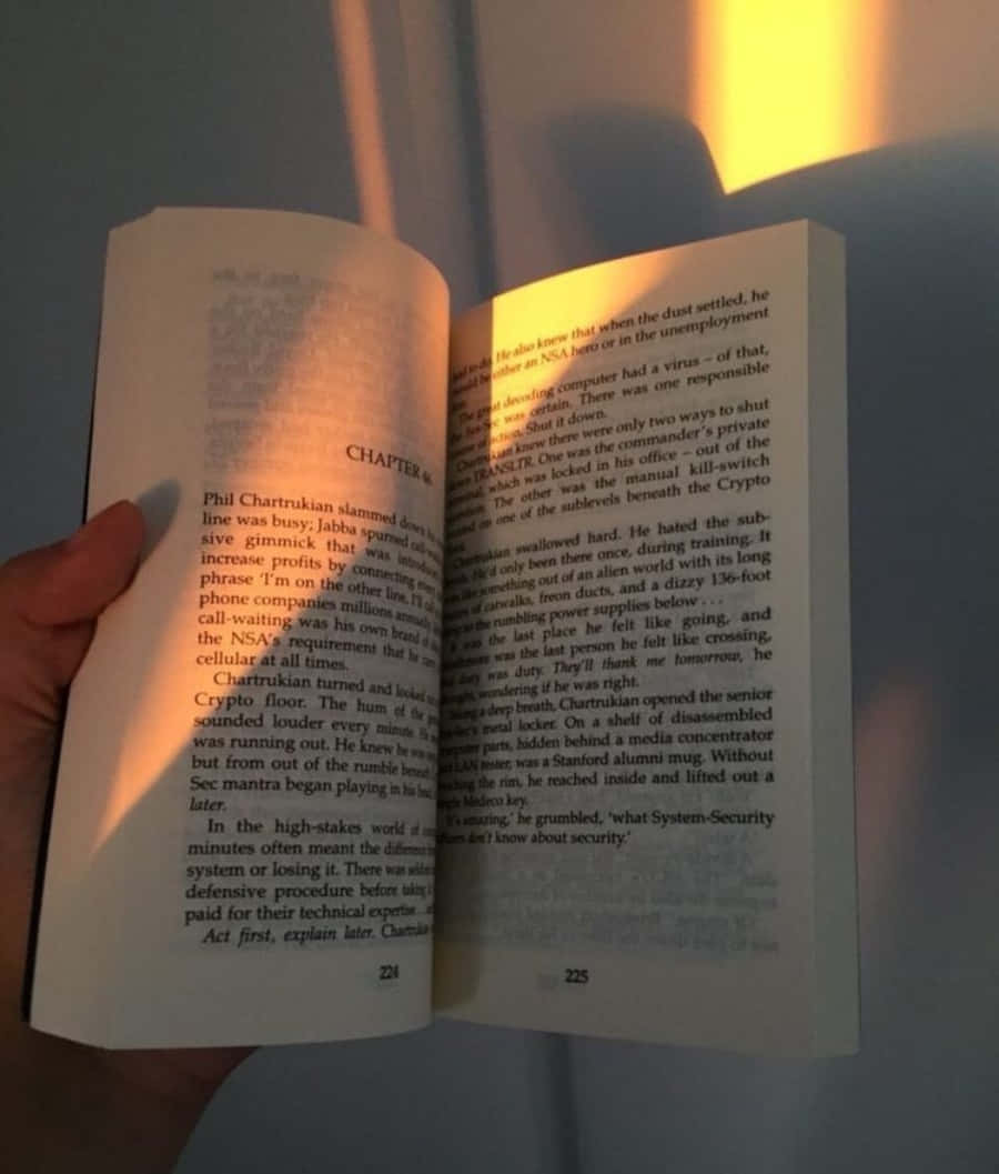 一隻手拿著一本打開的書，帶有可讀的文字和頁碼。