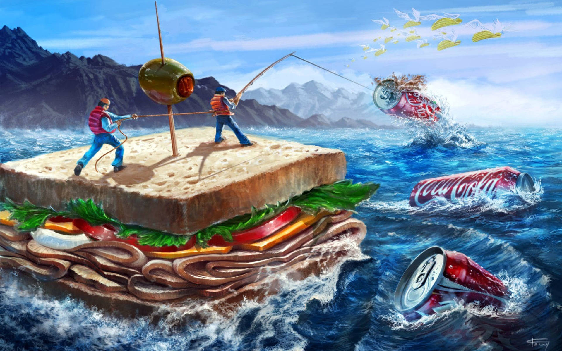 兩個男人在卡通海洋中從巨型三明治上釣魚，旁邊有汽水罐。 — 釣魚 壁紙