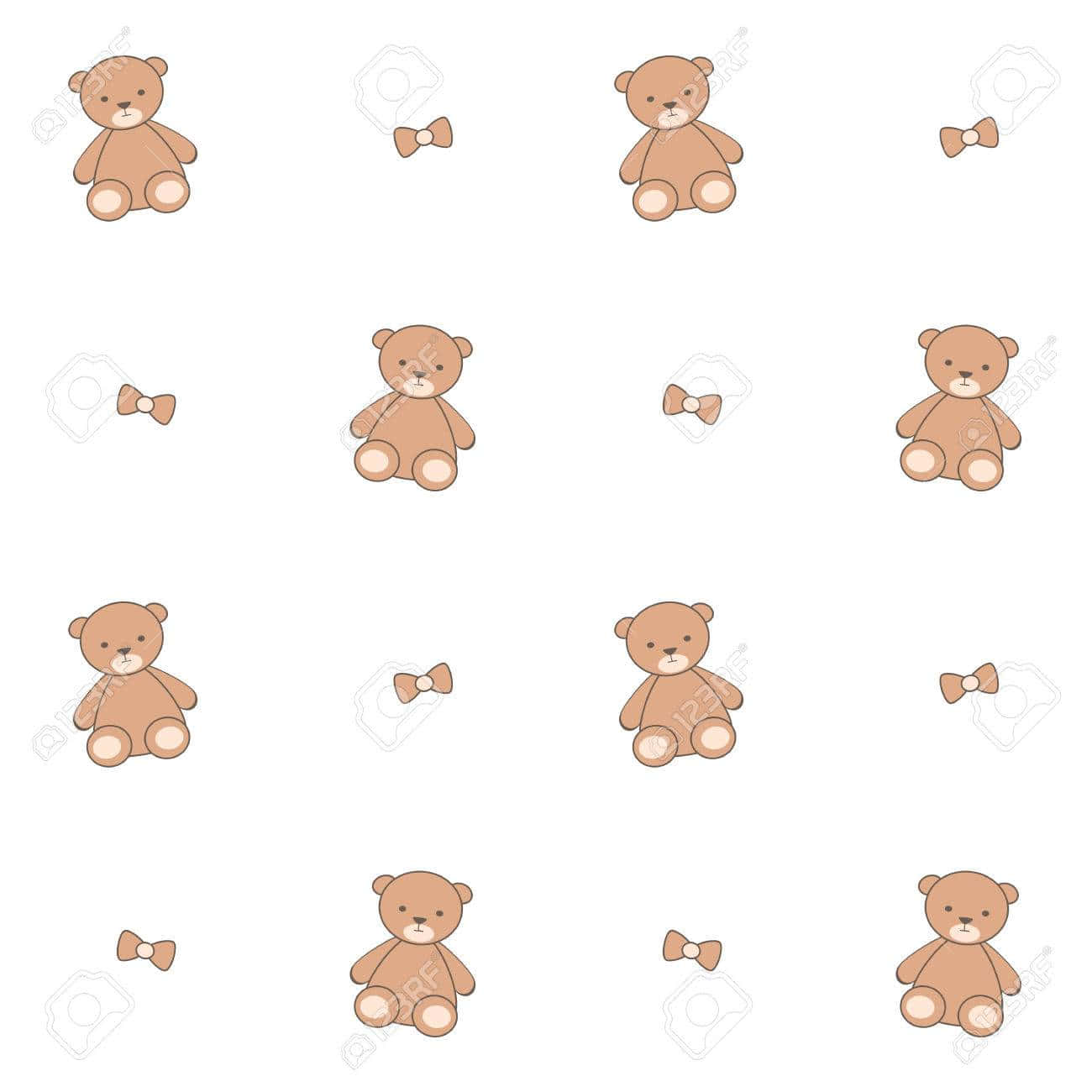 Teddy Bear 桌布 壁紙 — 在乾淨的白色背景上重複的可愛棕色泰迪熊和蝴蝶結圖案。
