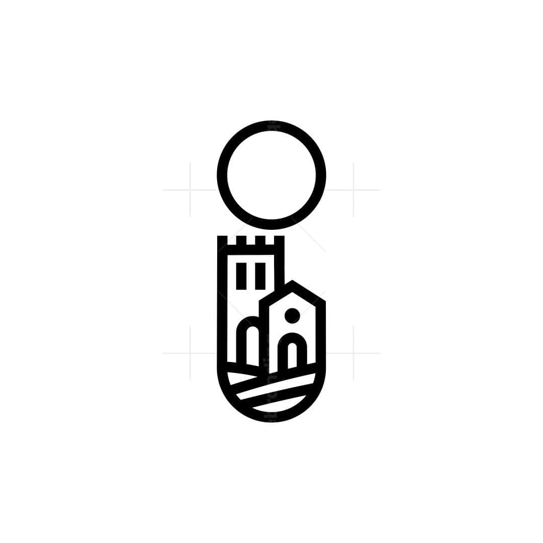 The Citadel 桌布 壁紙 — 在代表太陽或月亮的圓圈下，城堡塔樓和教堂的極簡黑色線條圖標。