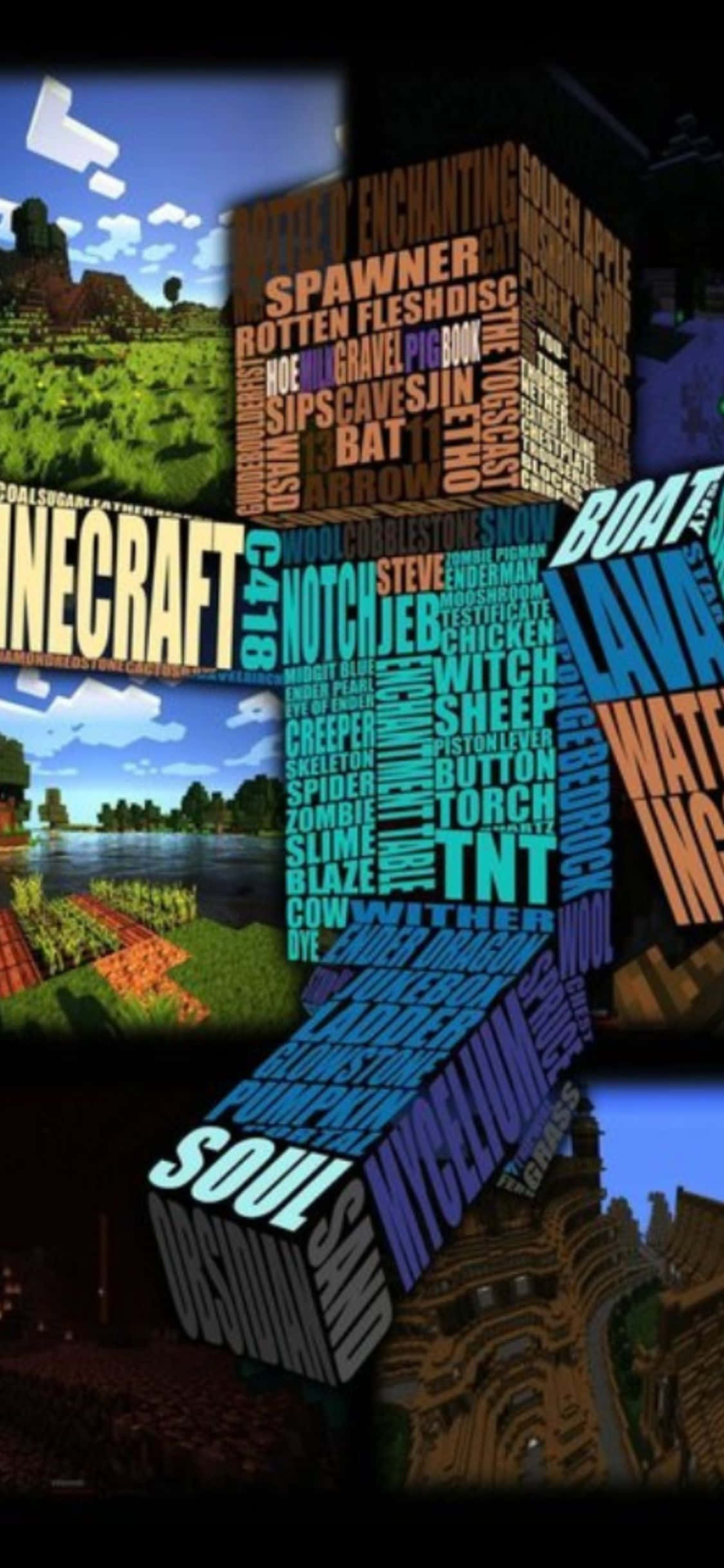 在你的 iPhone Xs 上享受 Minecraft 壁紙 — 充滿活力的 Minecraft 主題壁紙，以方塊文字呈現遊戲物品和生物，排列成 3D 立方體，背景為像素化景觀。