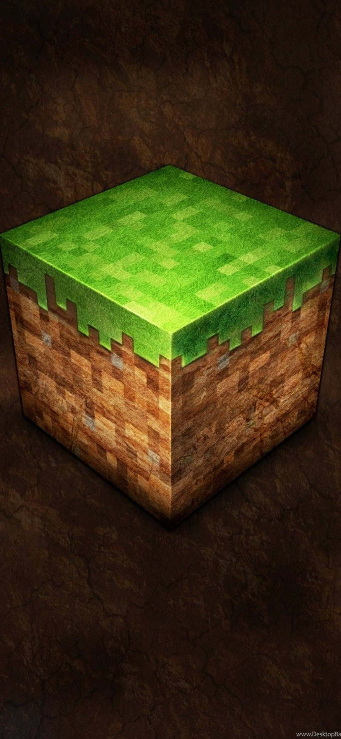在你的 iPhone Xs 上探索 Minecraft 世界 壁紙 — 一個來自Minecraft的像素化草地塊，居中放置在深色紋理背景上。