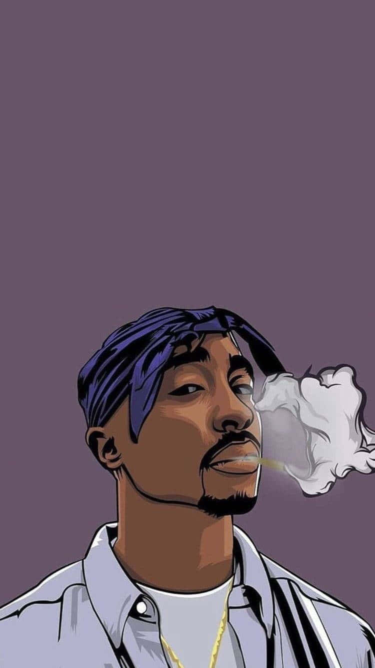 Tupac Shakur在紫色背景上吸煙，帶有煙霧雲。