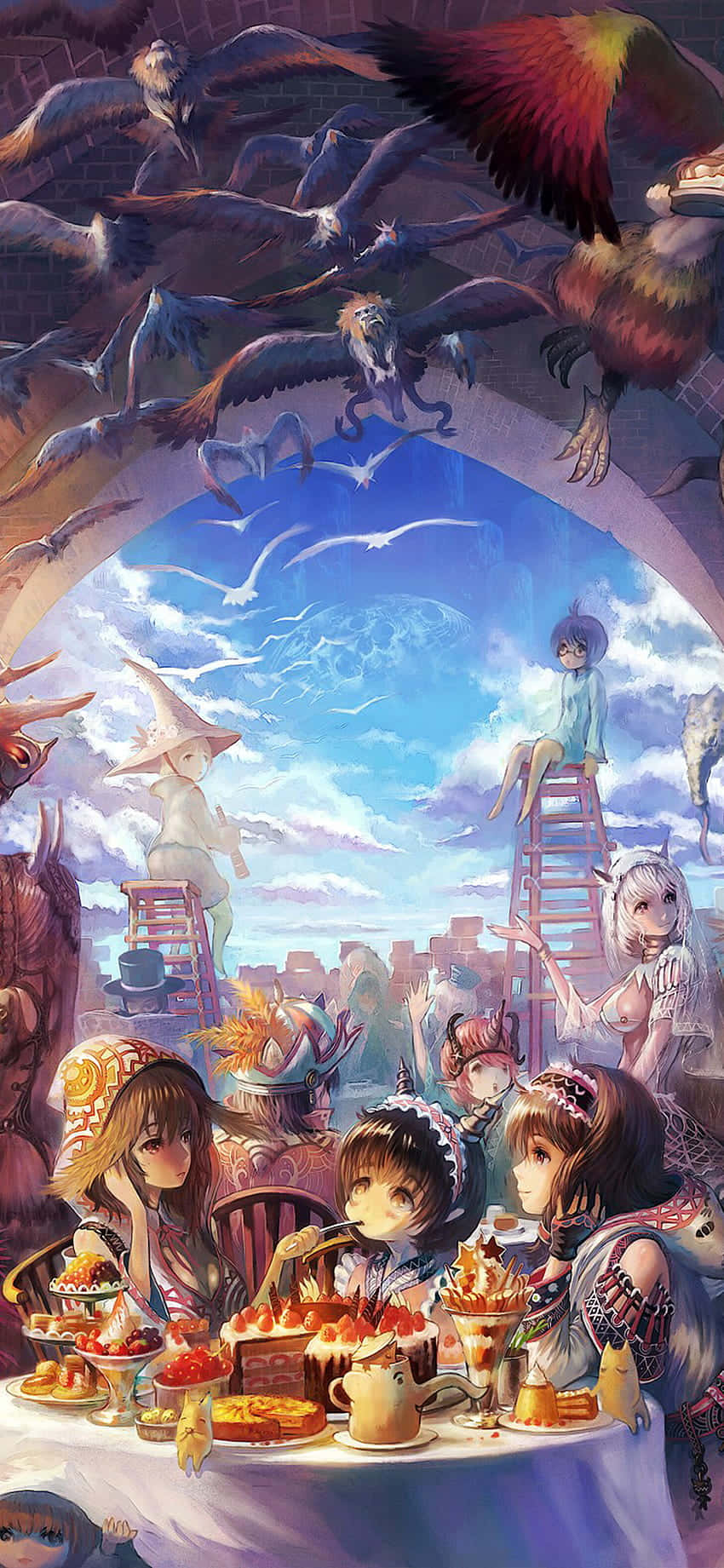 在你的 iPhone 上享受可愛美食！ 壁紙 — 奇幻動漫女孩在石拱門下盛宴，巨型鳥類在藍天白雲中翱翔。