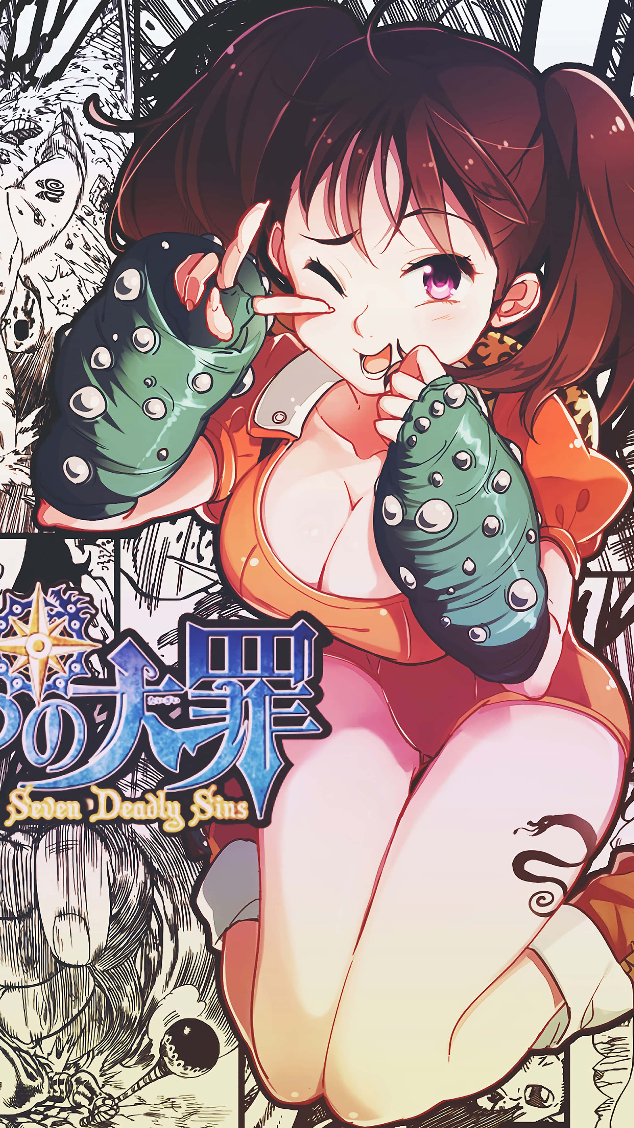 在你的iPhone上探索《七宗罪》 壁紙 — 一個開心的動畫女孩，棕色雙馬尾，在漫畫風格背景前拿著綠色尖刺手套眨眼。