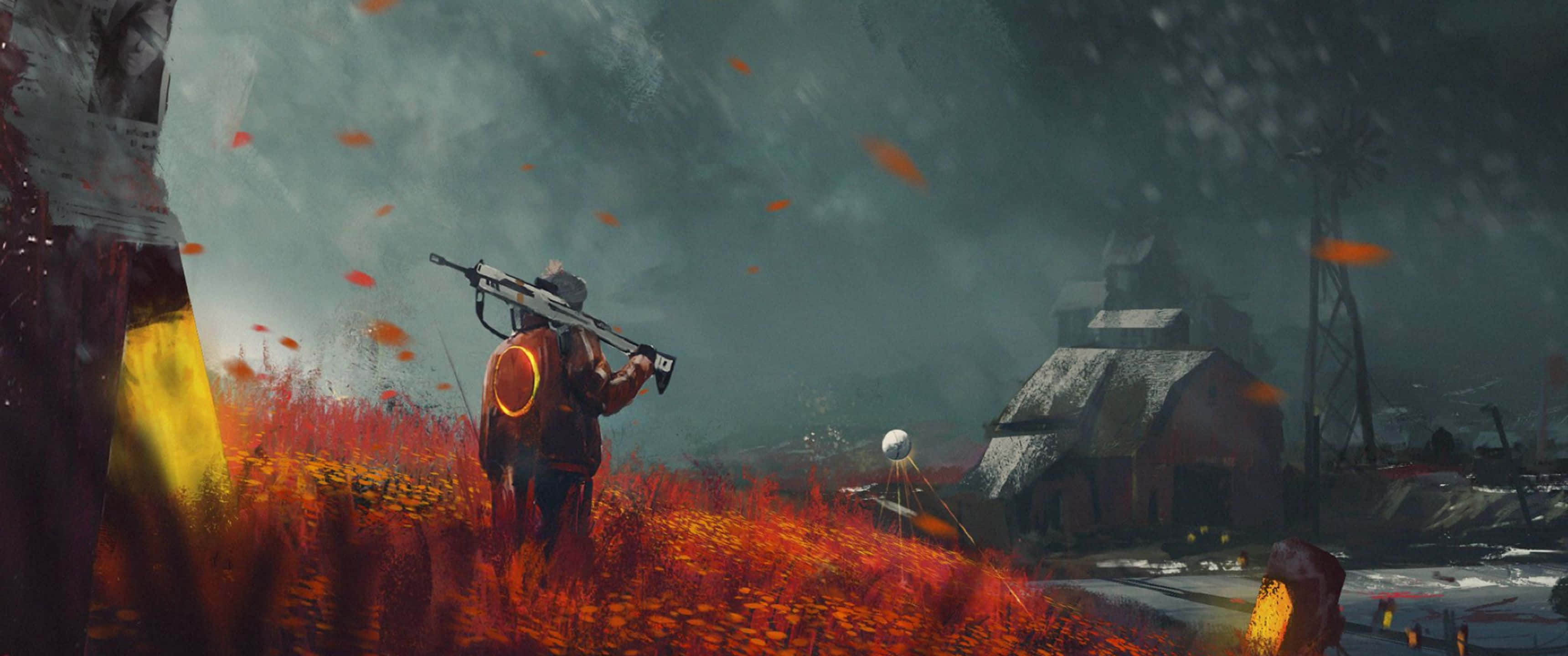 在你的顯示器上踏入《Destiny 2》的世界 壁紙 — 一個孤獨的士兵穿著紅色盔甲，在暴風雨灰色天空下，走過一片火橙色花朵的田野，附近有一座破舊的穀倉。