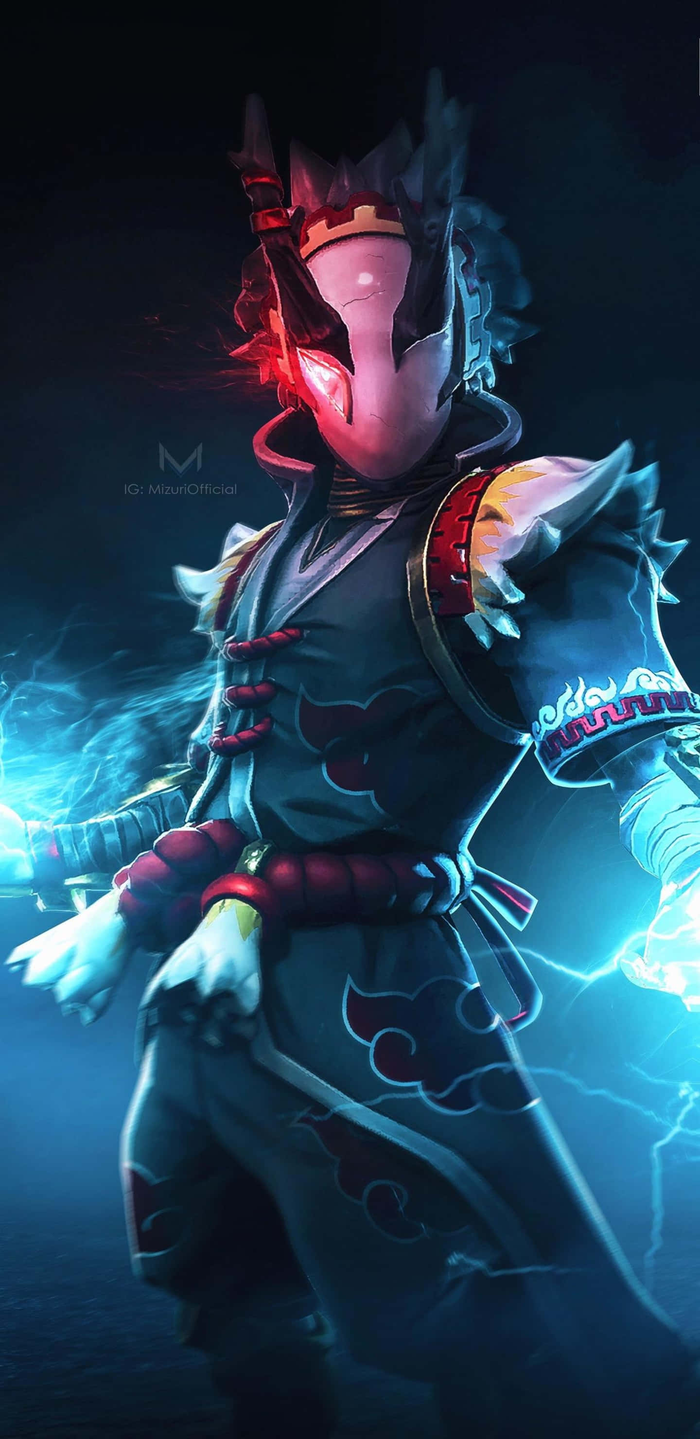 在像素 3XL 上體驗《Fortnite 競技場》的刺激遊戲畫面 壁紙 — 一位戴著面具的戰士，身穿華麗的暗色盔甲，在陰暗的背景中散發出電光藍色的能量。