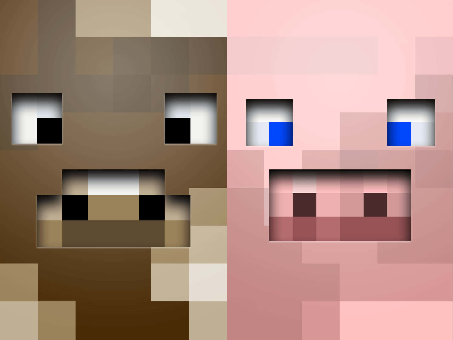 兩個像素化Minecraft風格嘅動物角色：一隻啡色狗同一隻粉紅色豬面向前面。