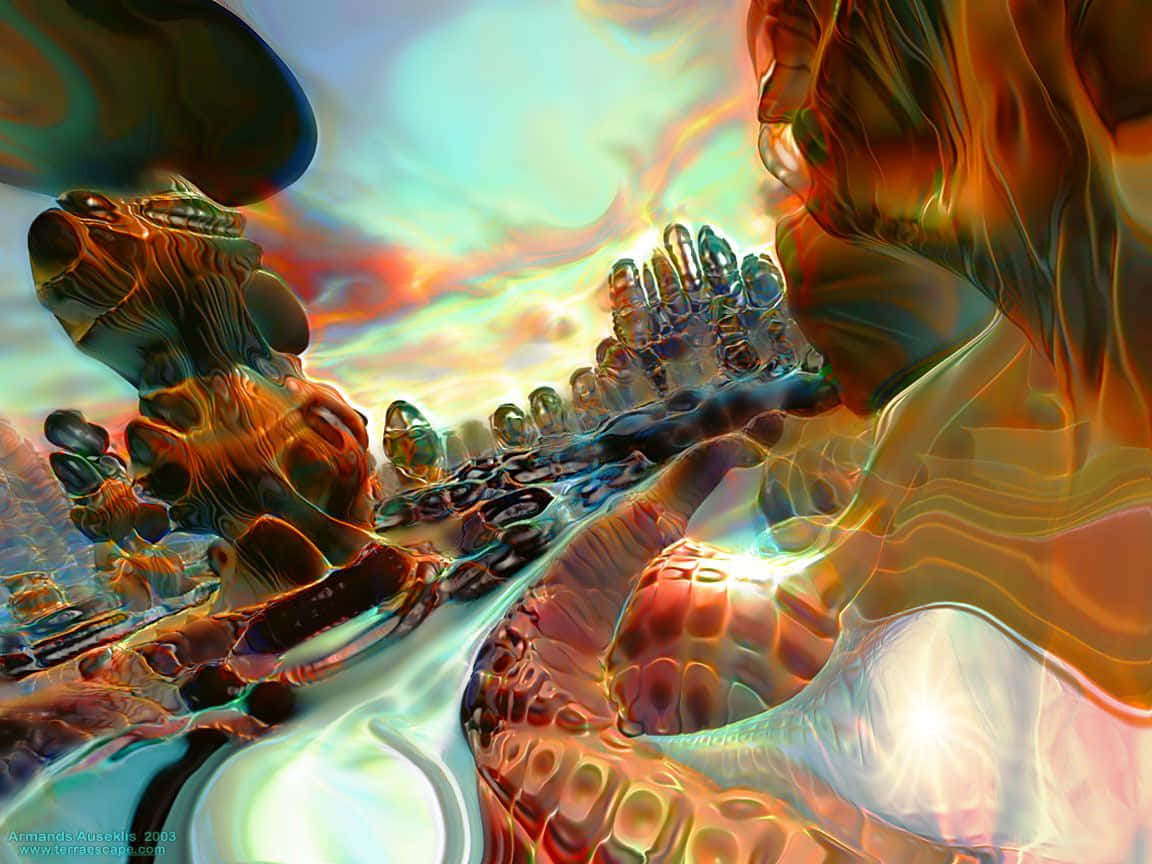 Visuals 桌布 壁紙 — 在充滿活力的天空下，一個超現實的數位景觀，帶有發光的有機形態和流動的液體紋理。