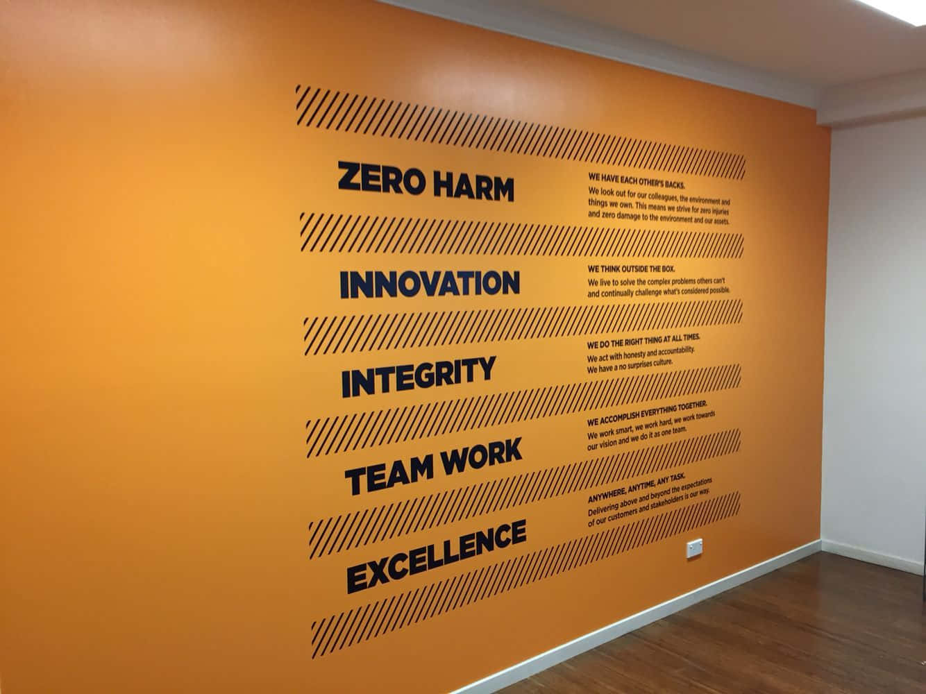 HD Office Background Core Values 壁紙 — 在充滿活力的橙色牆壁上，粗體黑色文字列出核心價值觀，如零傷害、創新和團隊合作，位於現代辦公空間。