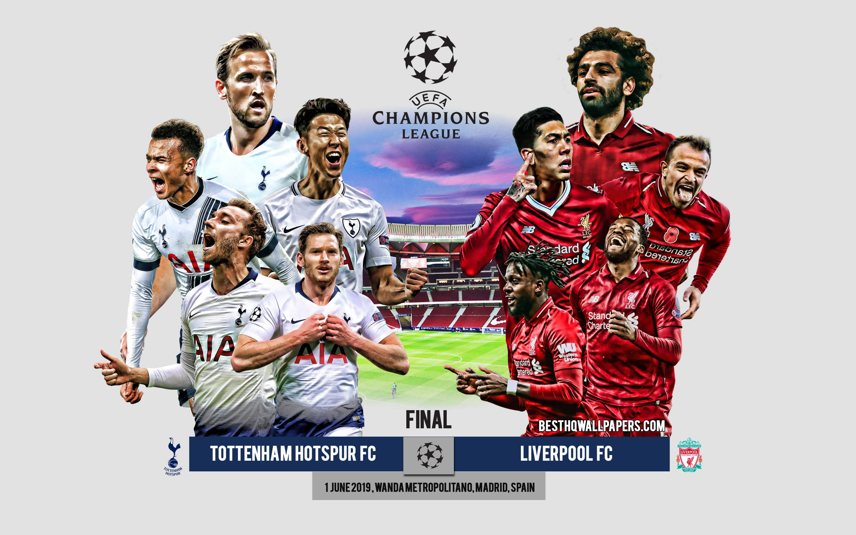 Liverpool Fc 桌布 壁紙 — 在充滿活力的歐聯決賽海報中，慶祝熱刺和利物浦的足球員，背景為球場。