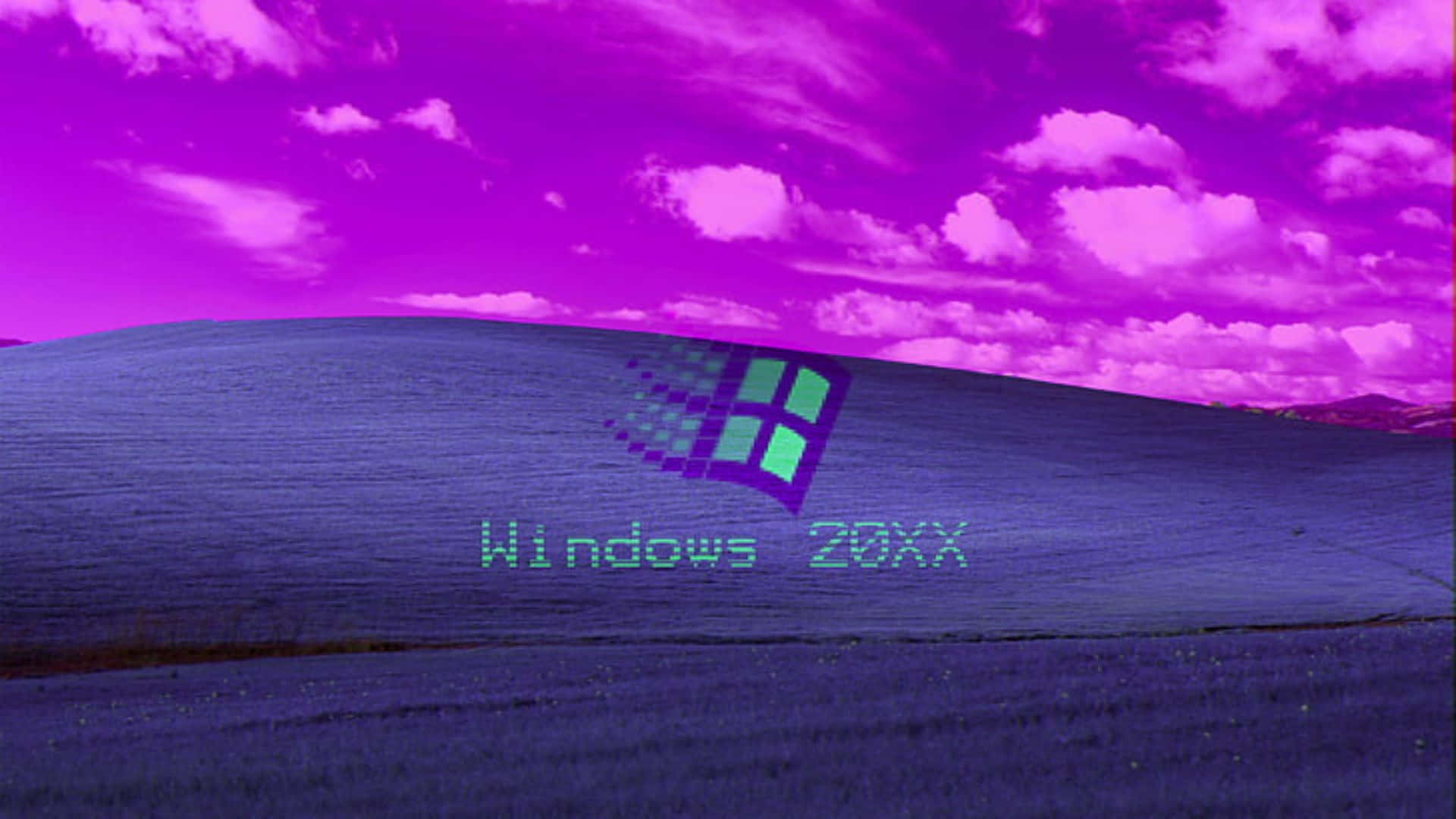 Windows Xp Bliss 桌布 壁紙 — 在充滿活力的洋紅色天空下，一個超現實的紫色起伏山丘，帶有像素化的Windows標誌和文字。