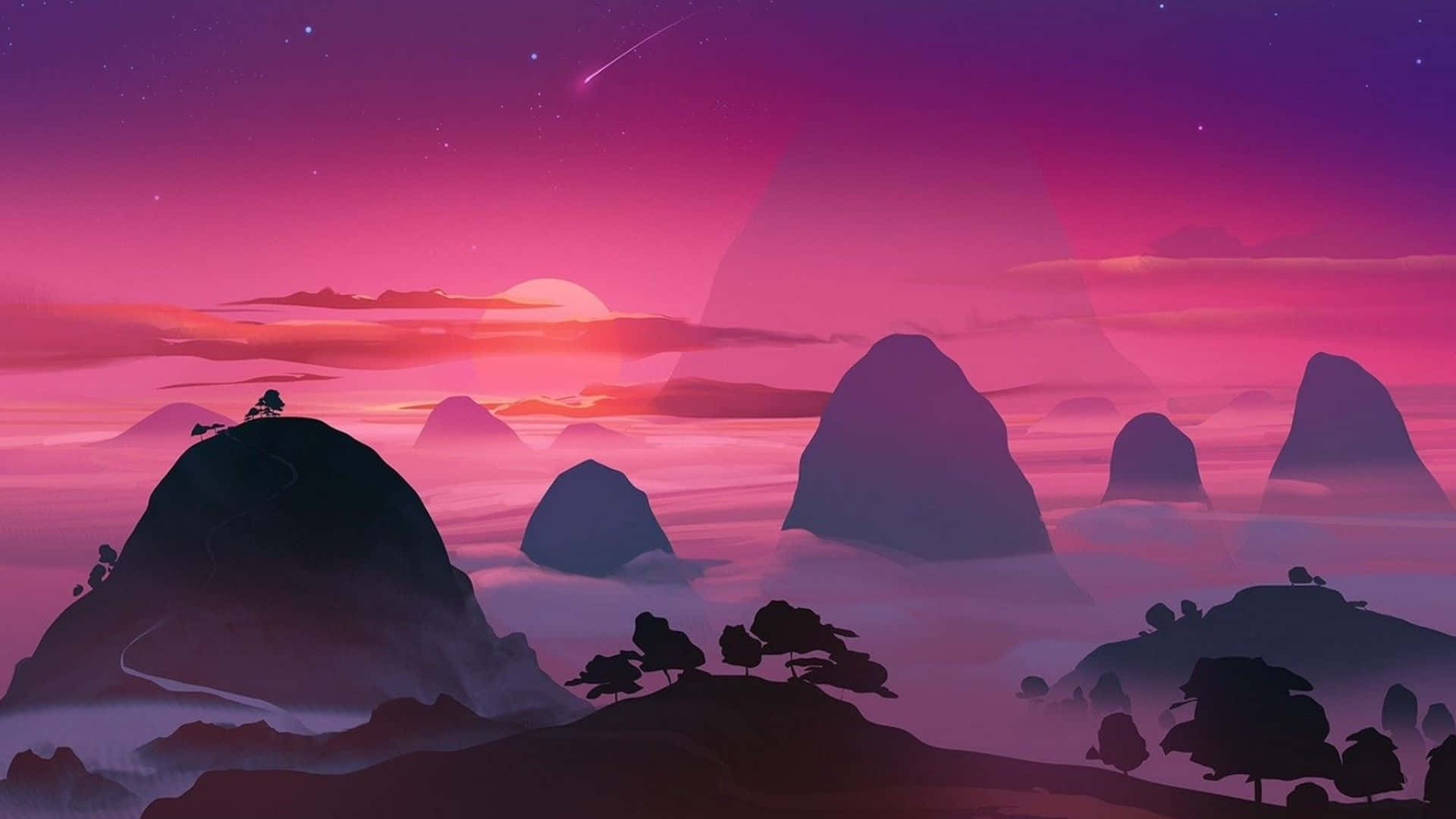 Minimalist Sky 桌布 壁紙 — 在充滿活力的粉紅色和紫色暮色天空中，流星劃過，剪影般的山脈從雲海中升起。