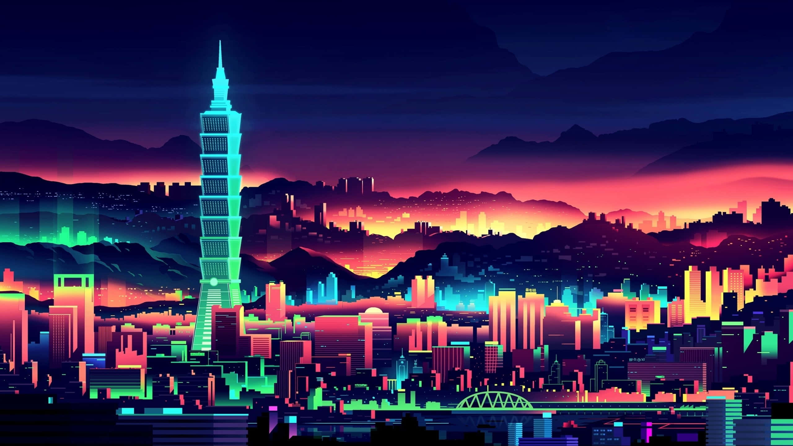 3d City 桌布 壁紙 — 在充滿活力的紫色和橙色天空下，一個霓虹燈閃爍的未來主義黃昏城市景觀，發光的摩天大樓和山脈。