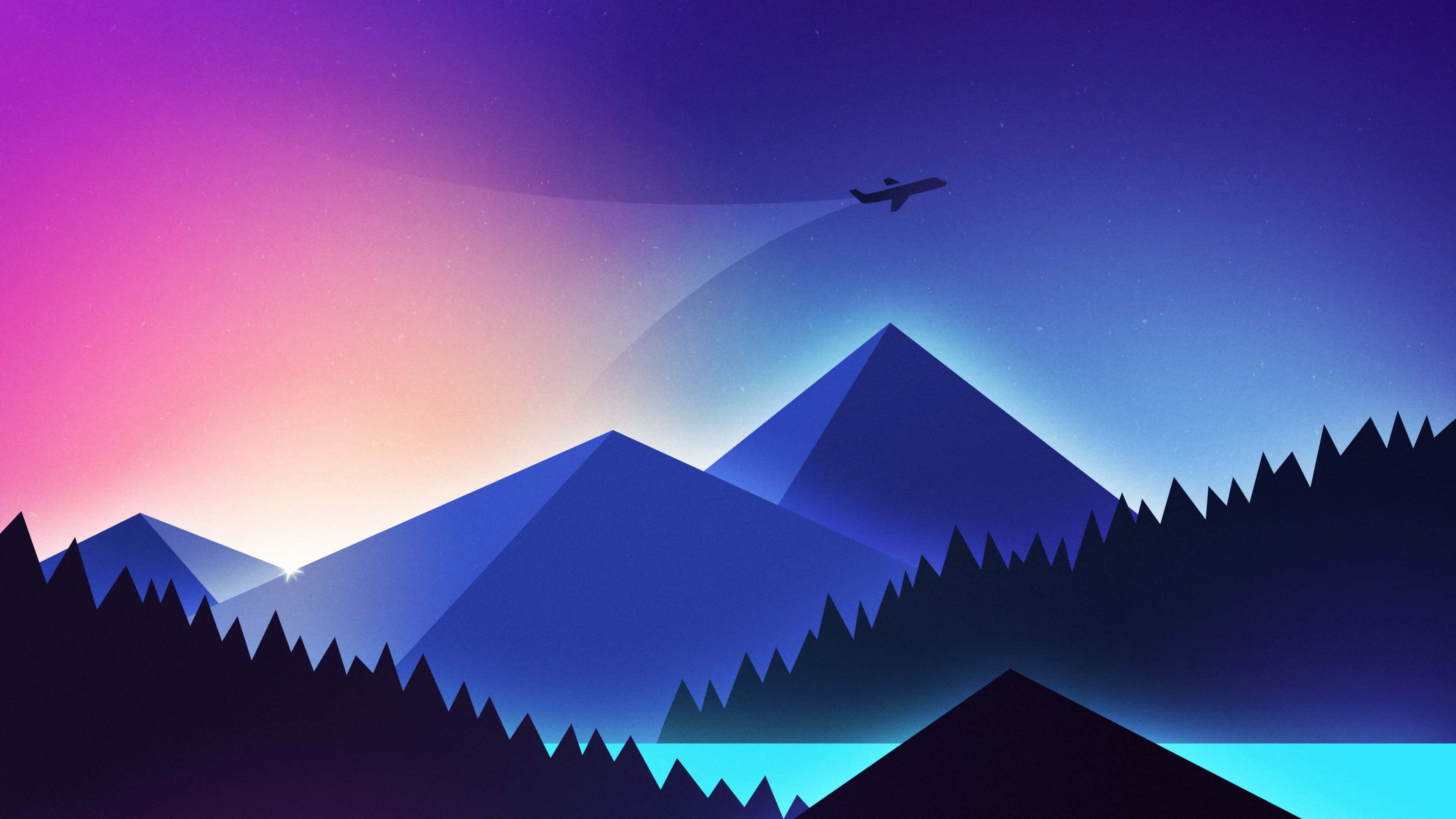 Minimalist Colorful 桌布 壁紙 — 在充滿活力的紫色和粉紅色暮色天空下，一條風格化的山脈，上方有一架孤獨的飛機飛過。