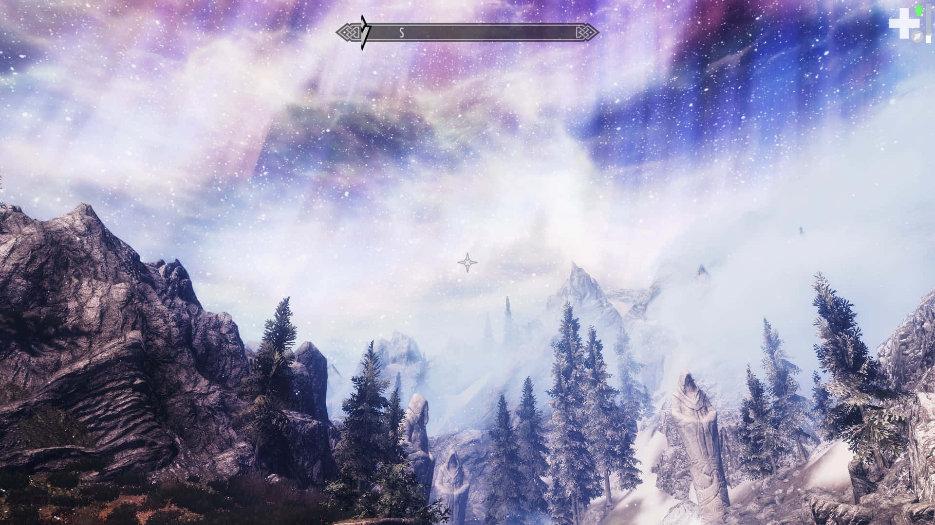 Sovngarde 桌布 壁紙 — 在充滿活力的紫色和藍色星空下，遠處有一座浮島的雪山景觀。