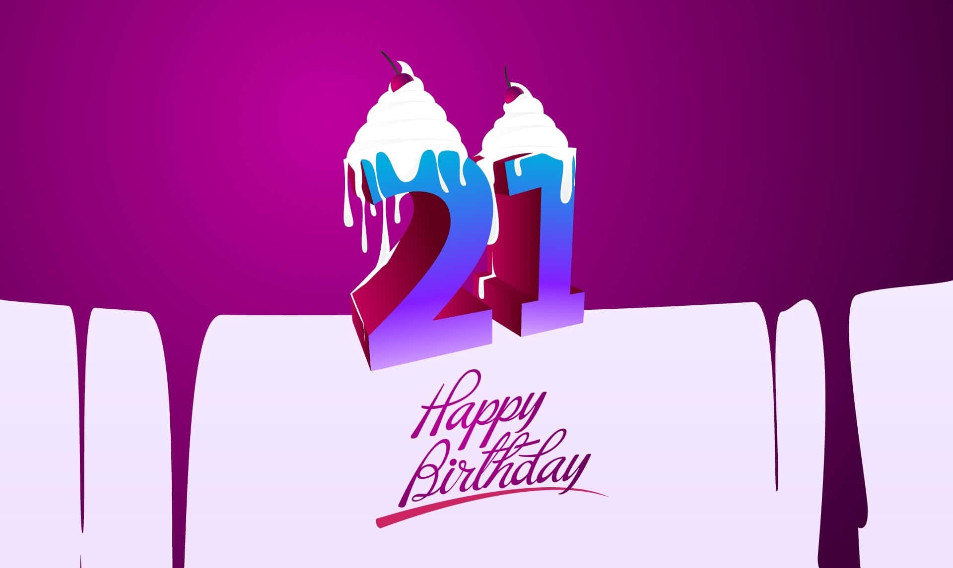 生日祝福 桌布 壁紙 — 在充滿活力的紫色背景上，帶有滴落糖霜和櫻桃的醒目21歲生日數字，並配有慶祝文字。
