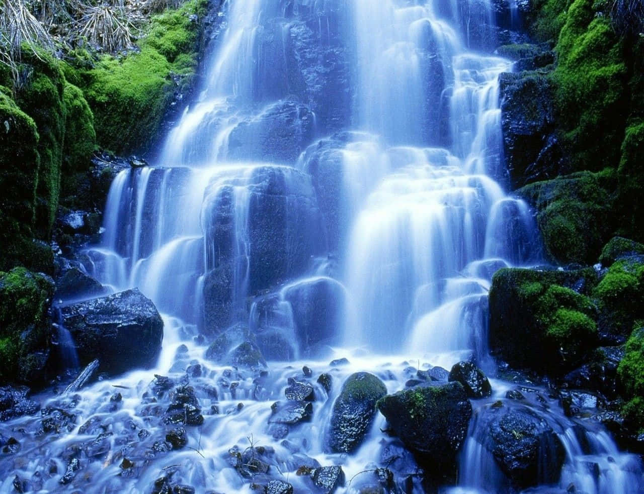 3d Waterfall 桌布 壁紙 — 在充滿活力的藍綠色森林場景中，層疊的瀑布從長滿苔蘚的岩石上傾瀉而下。