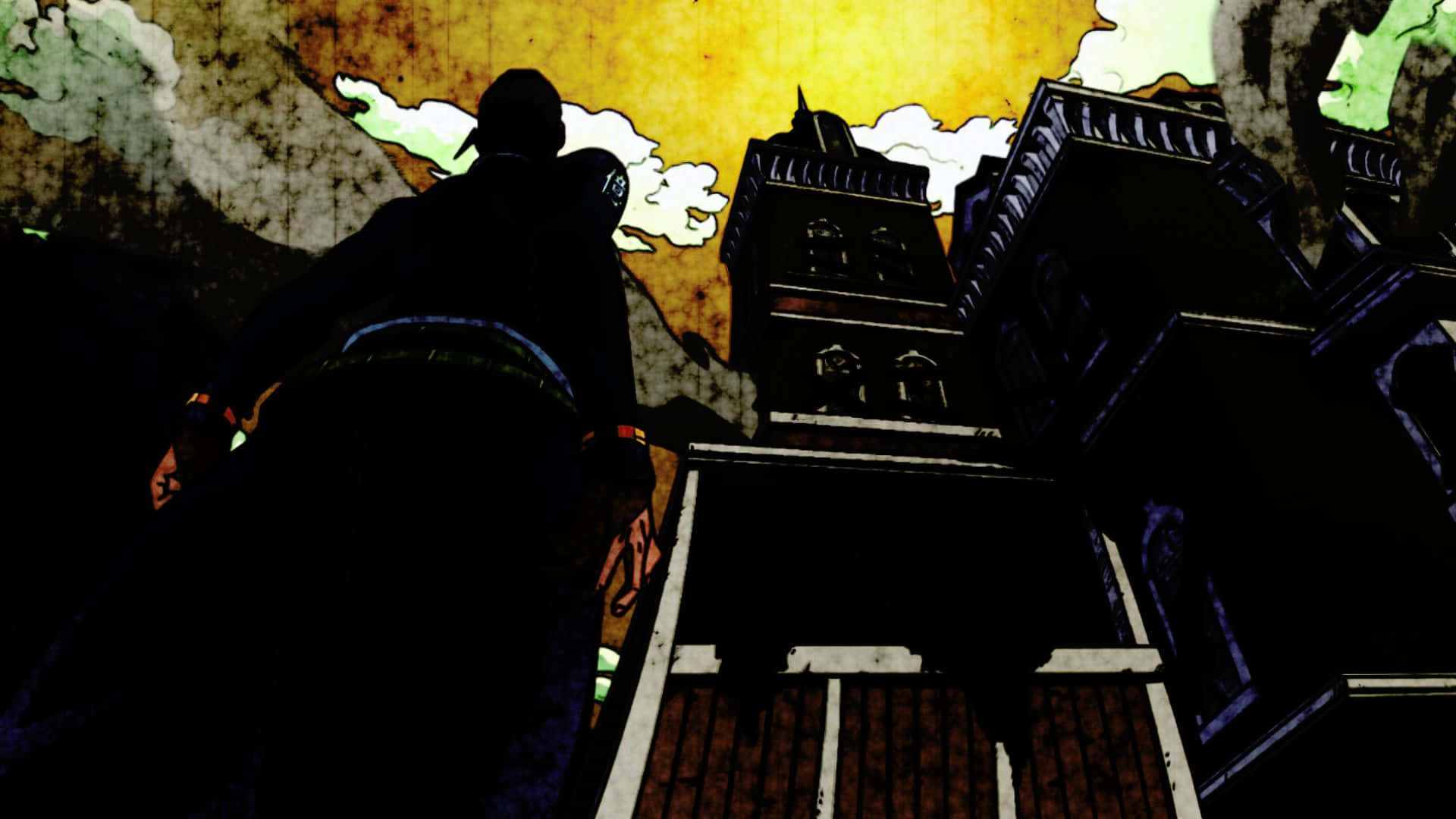Okuyasu Nijimura 桌布 壁紙 — 在充滿活力的黃色天空下，一個孤獨的身影以剪影形式走上木樓梯，朝向一座高聳的哥德式建築。