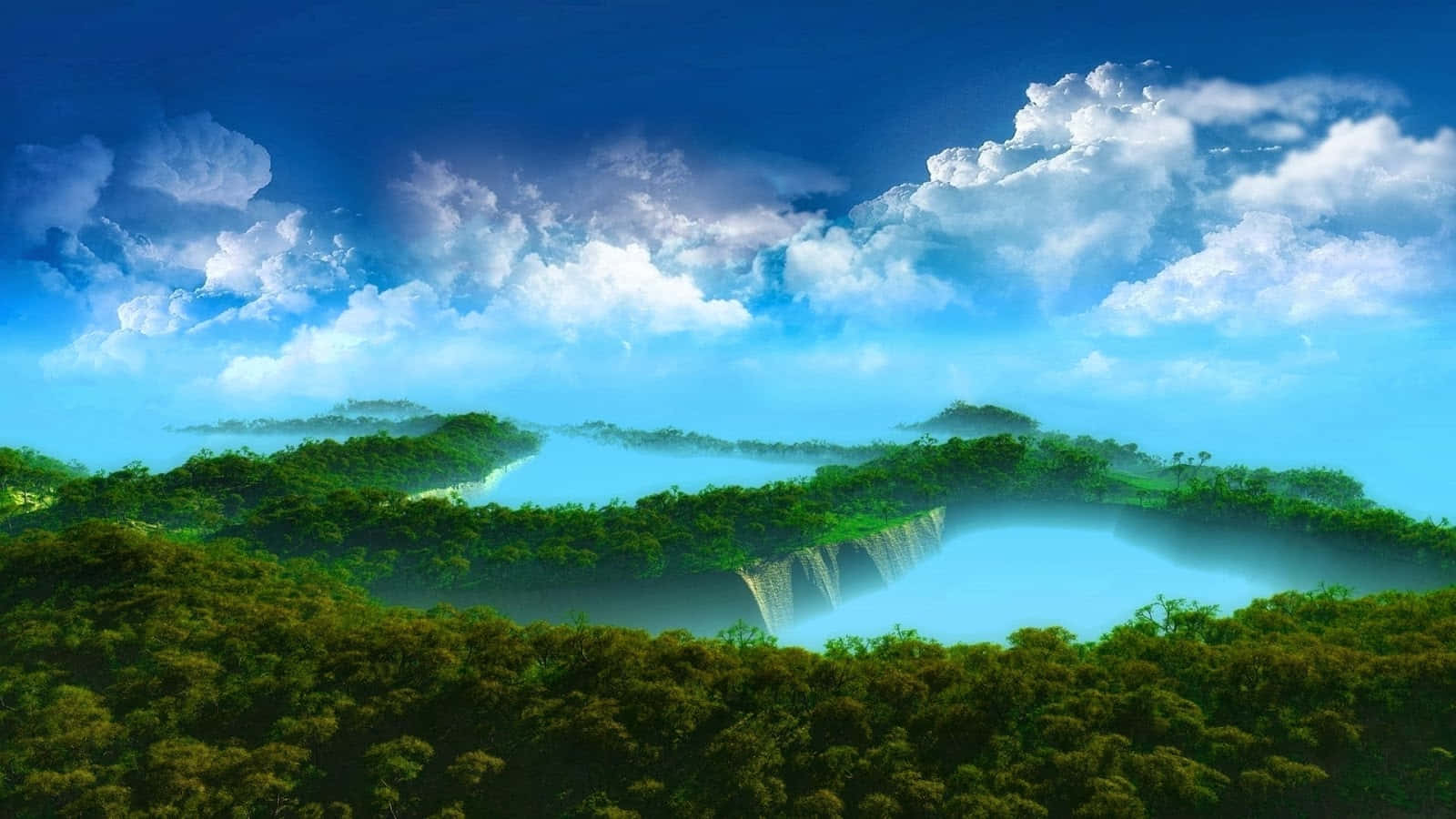 3d Landscape 桌布 壁紙 — 在充滿蓬鬆白雲的湛藍天空下，一道雄偉的瀑布穿過茂密的綠色森林傾瀉而下。