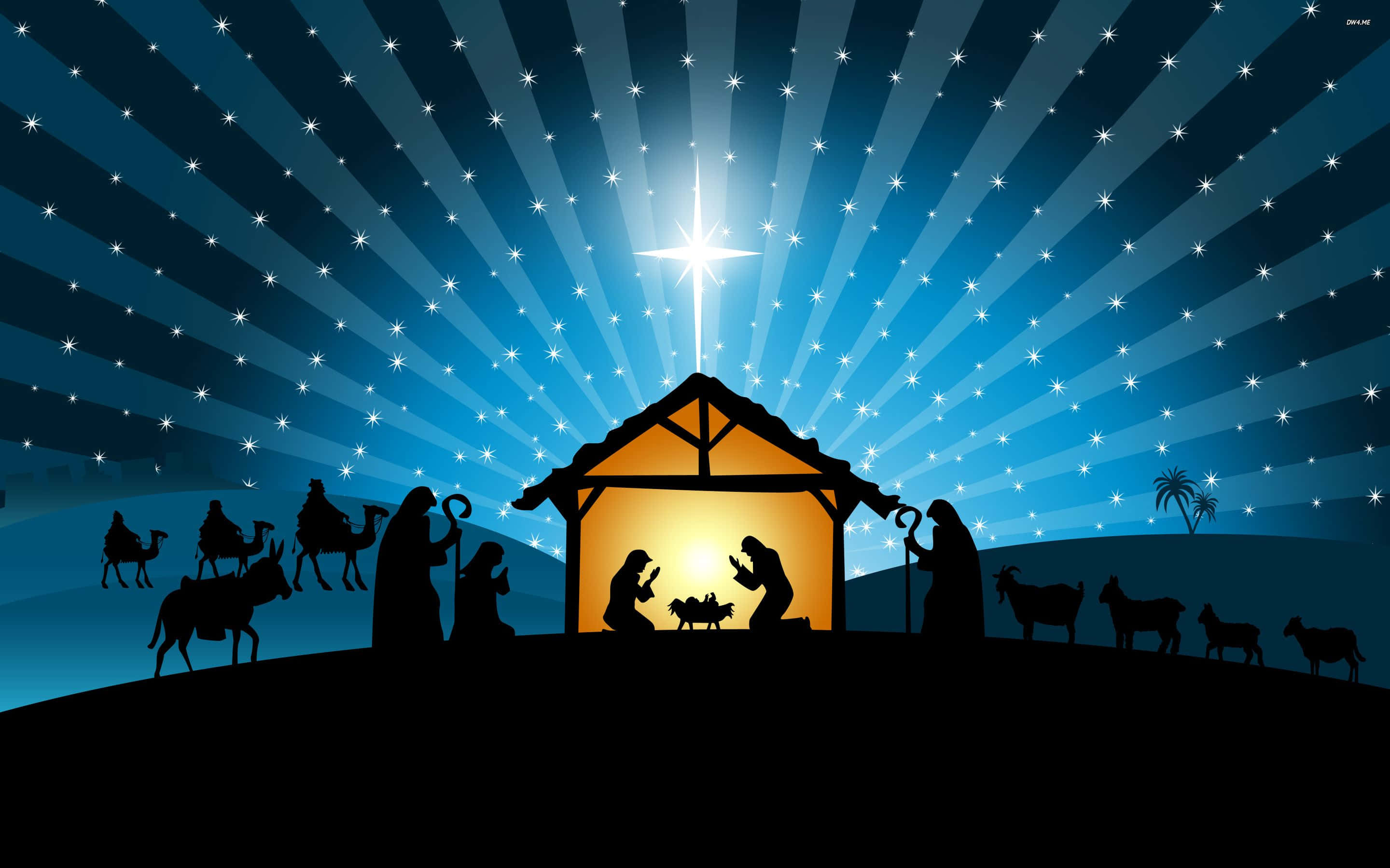 Nativity 桌布 壁紙 — 在光芒四射的星空下，駱駝和牧羊人圍繞馬槽的剪影耶穌誕生場景。