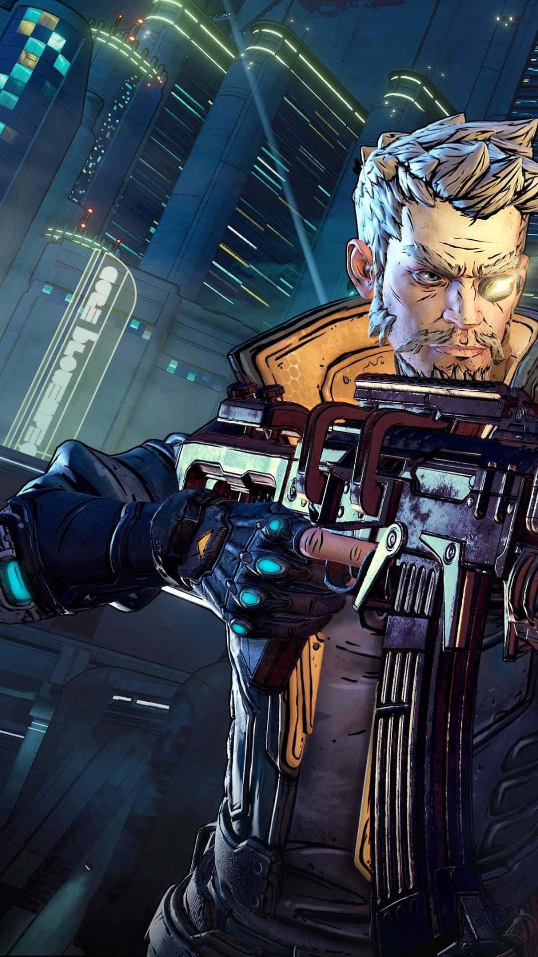 在全新 Google Pixel 3XL 上體驗 Borderlands 3 壁紙 — 一個粗獷的賽博龐克戰士，雙眼發光，在夜晚用重型武器瞄準霓虹燈照亮未來城市天際線。