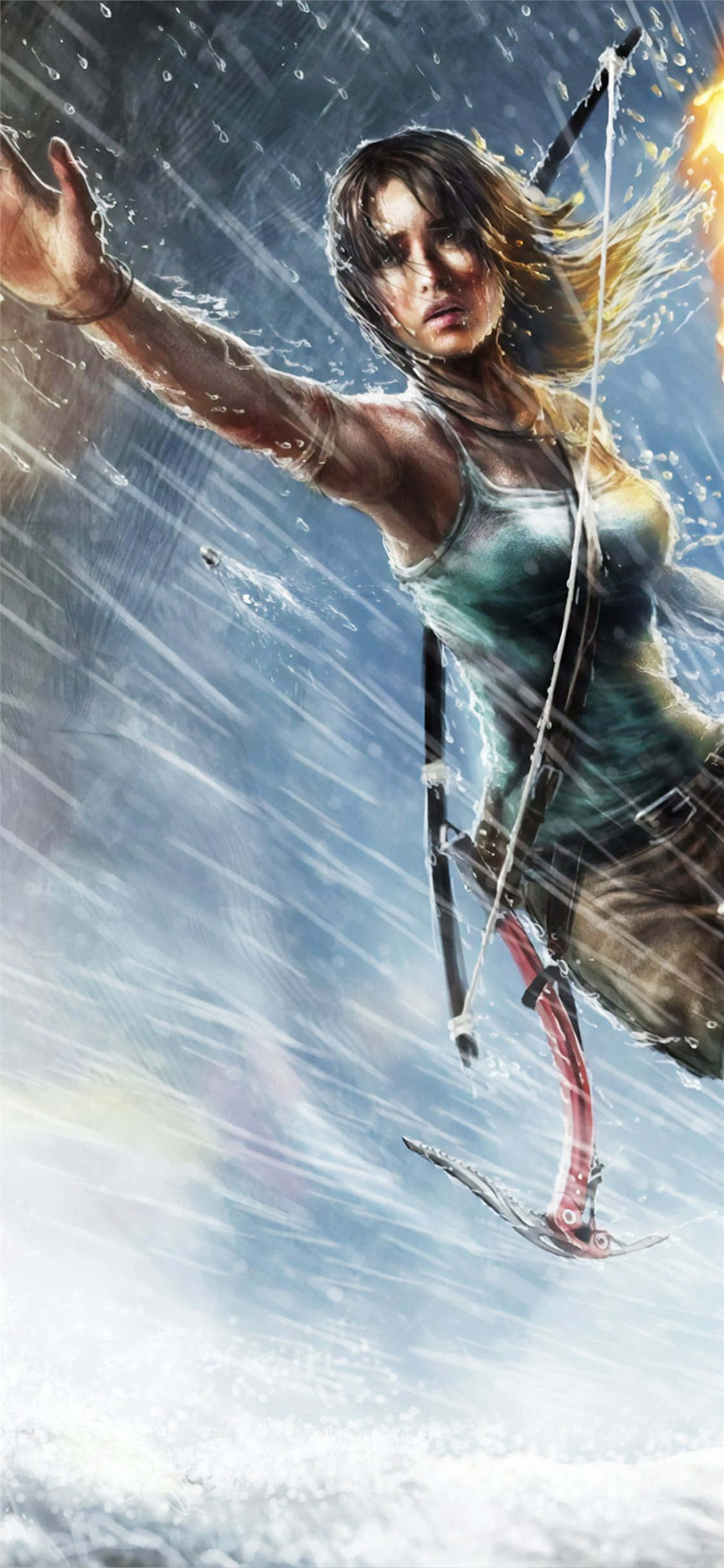 在全新 Pixel 3 上遊玩傳奇遊戲《古墓麗影：暗影》 壁紙 — 一個堅定的女人拿著弓箭，跳過風雪交加的天空，雪花和雨水在她周圍旋轉。