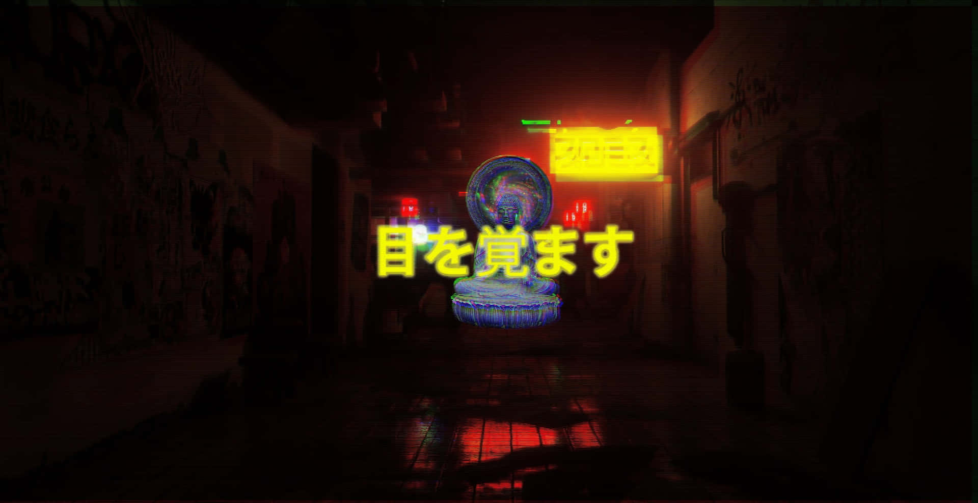 霓虹燈照亮的小巷，漂浮球體和日文字樣在黑暗中發光。