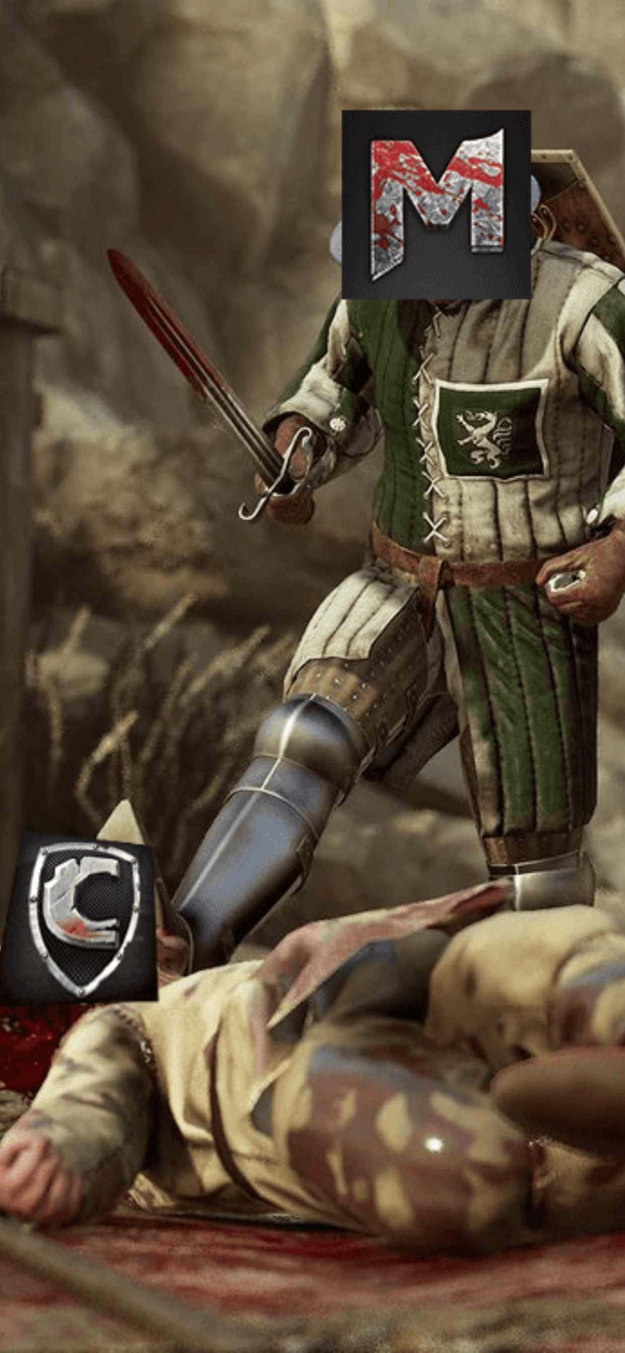 在創新iPhone Xs Max上體驗《Mordhau》的激烈多人對戰 壁紙 — 一位身穿綠色和白色盔甲的中世紀騎士站在血跡斑斑的岩石戰場上，俯視倒下的敵人。
