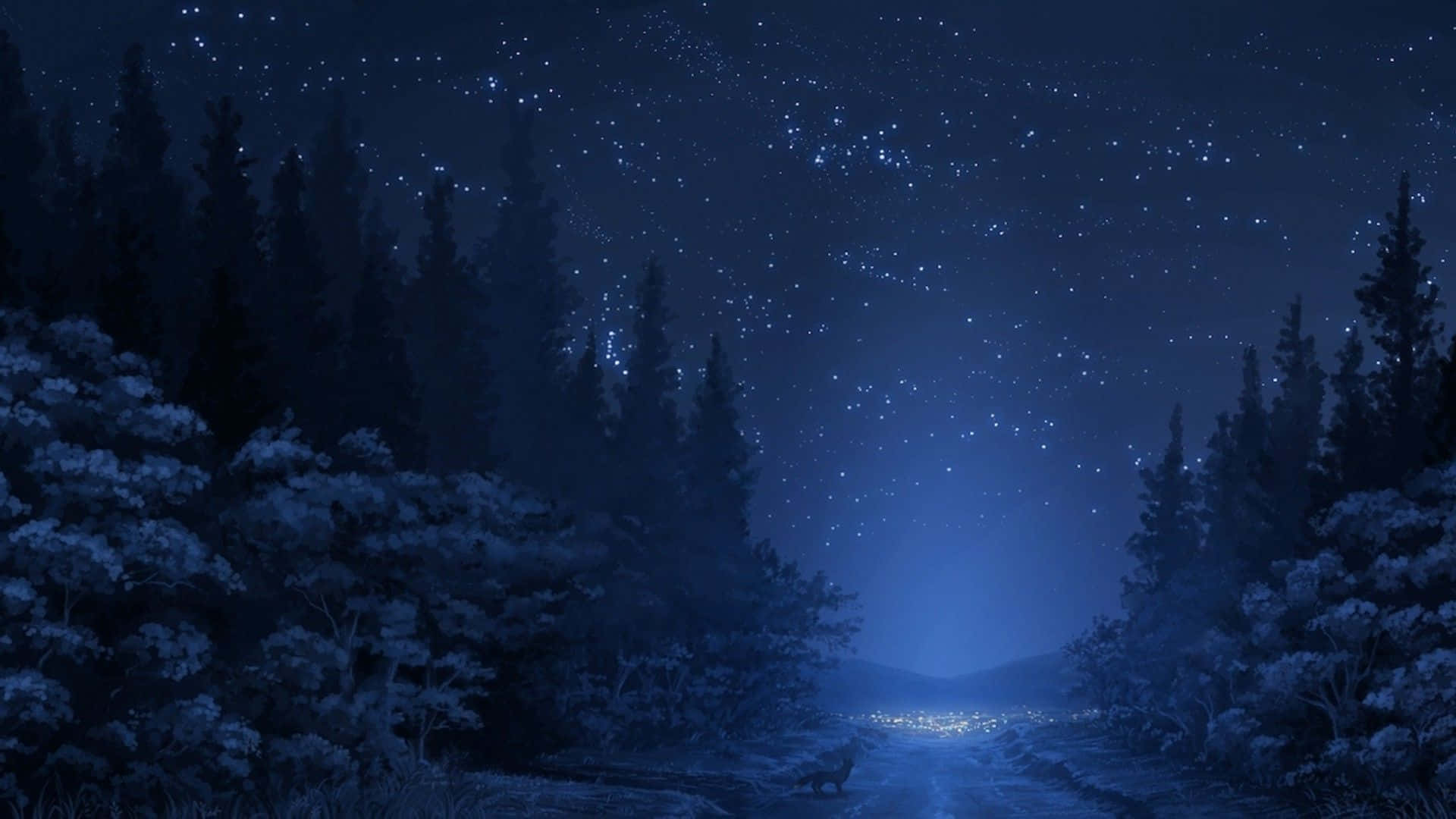 星空下雪森林小徑在夜晚通往發光村莊。