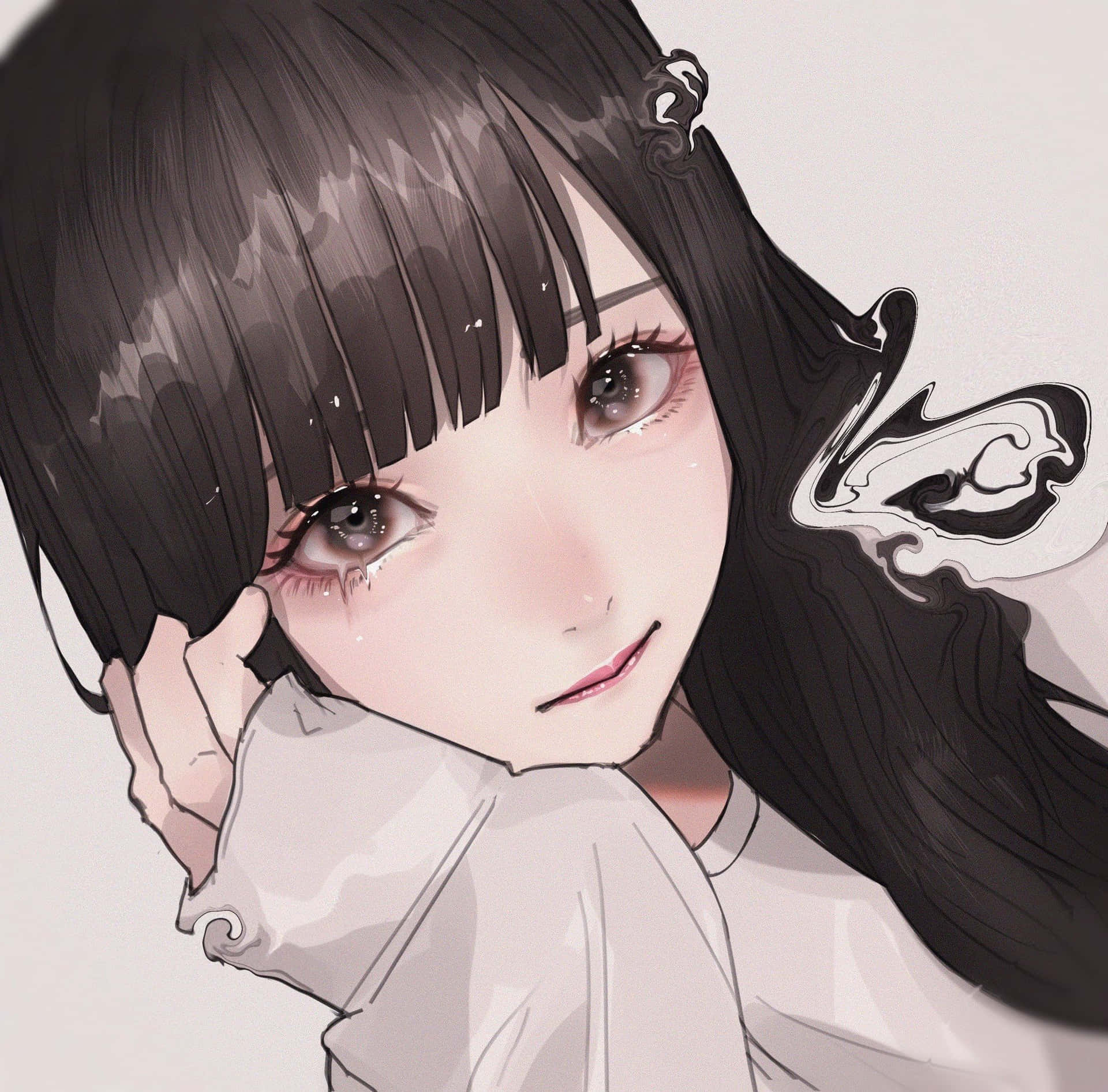 黑色長髮和淚水的動漫女孩，輕輕微笑著觸摸臉頰。