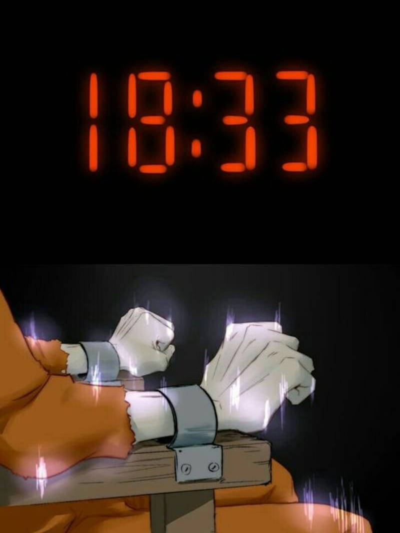 恐怖 桌布 壁紙 — 在動畫場景中，一個數位時鐘顯示18:33，下方是木塊上被金屬手銬束縛的緊握拳頭。