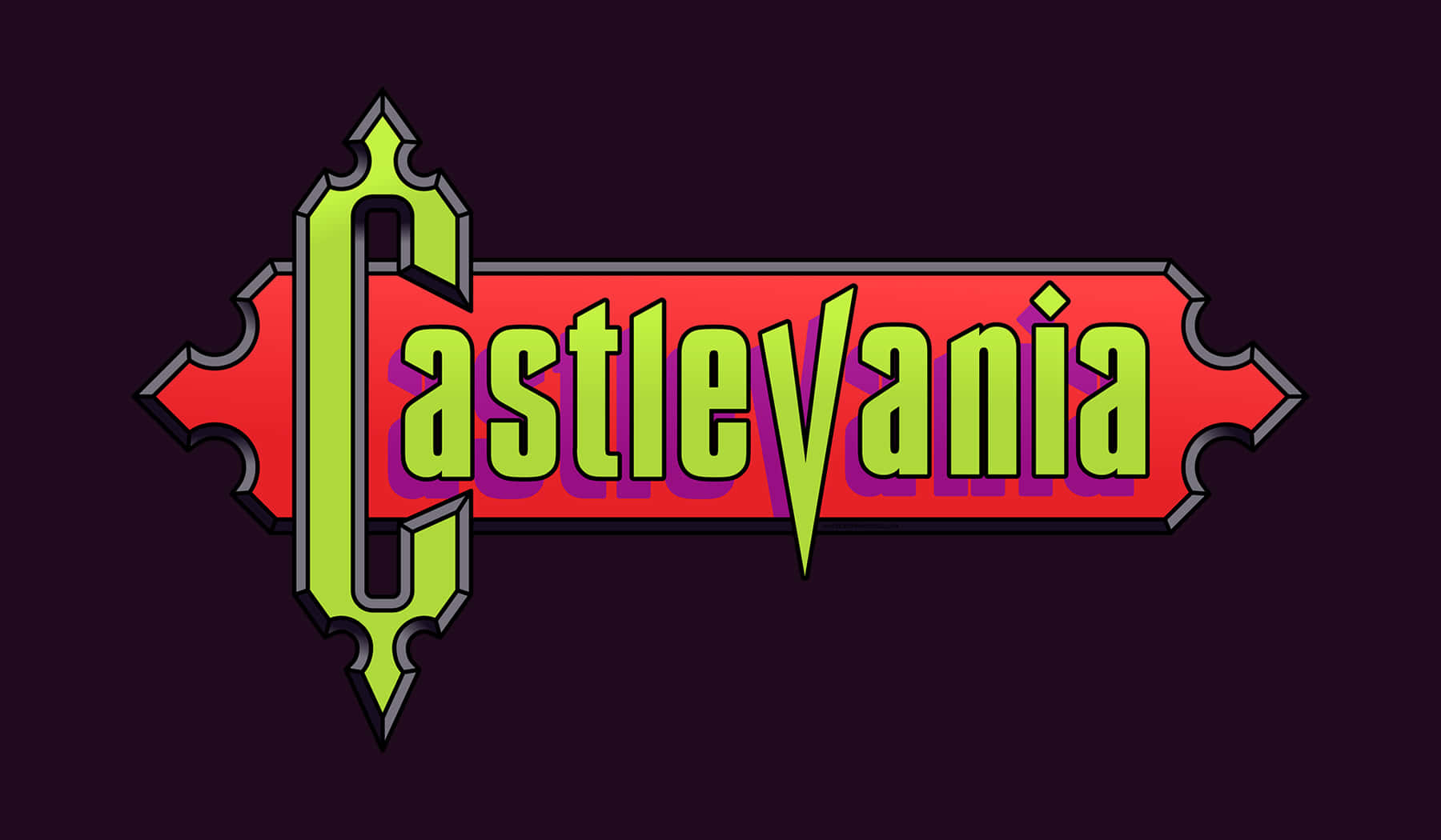 在卡斯特爾瓦尼亞體驗一場宏大的冒險 壁紙 — Castlevania 標誌以粗體綠色字體顯示在帶有黑色輪廓的紅色橫幅上，背景為深紫色。