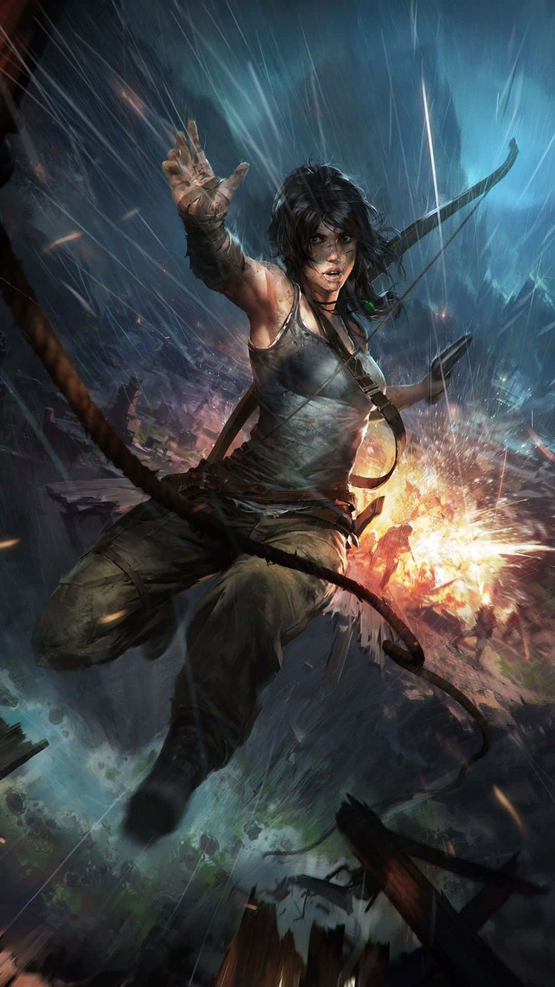 一位戰士在風暴戰場中盪來盪去，身後有爆炸。