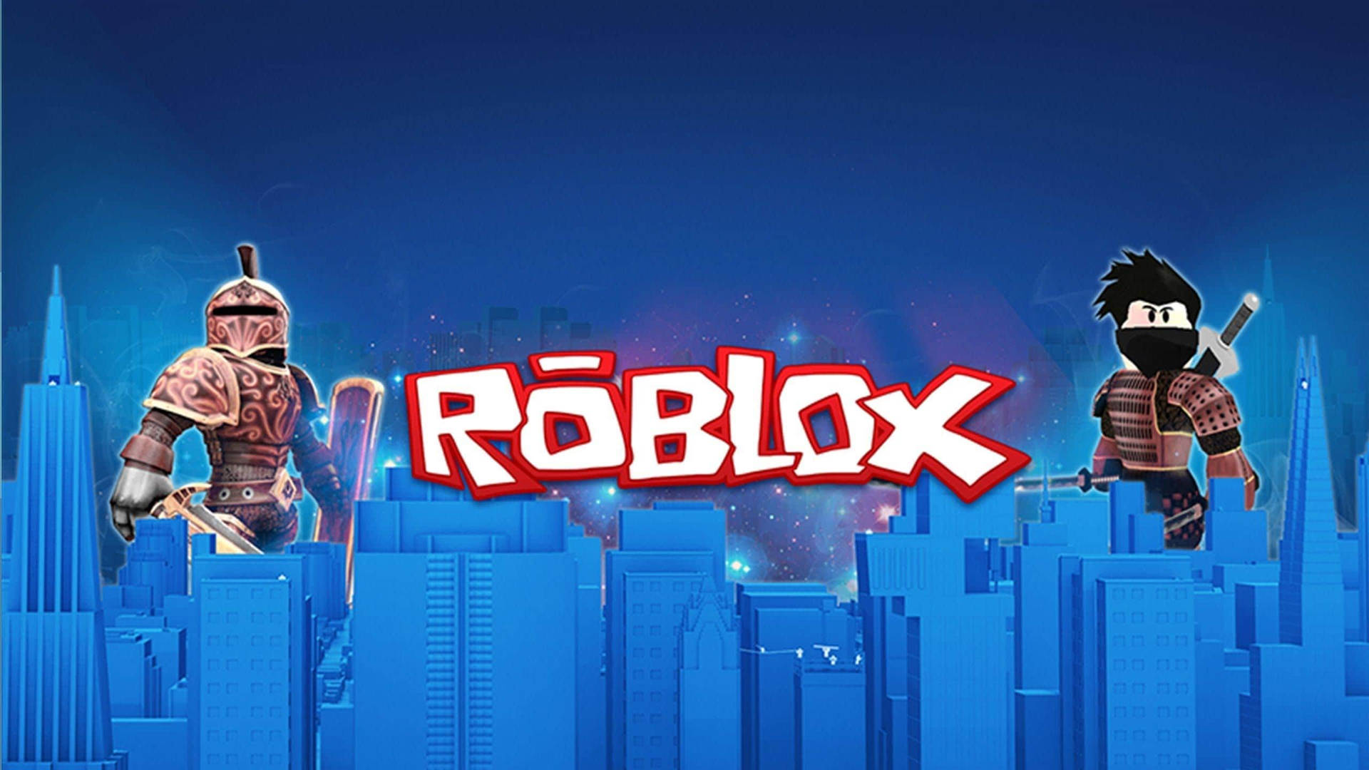 兩個 Roblox 角色在藍色城市天際線上，帶有發光的燈光和 Roblox 標誌。