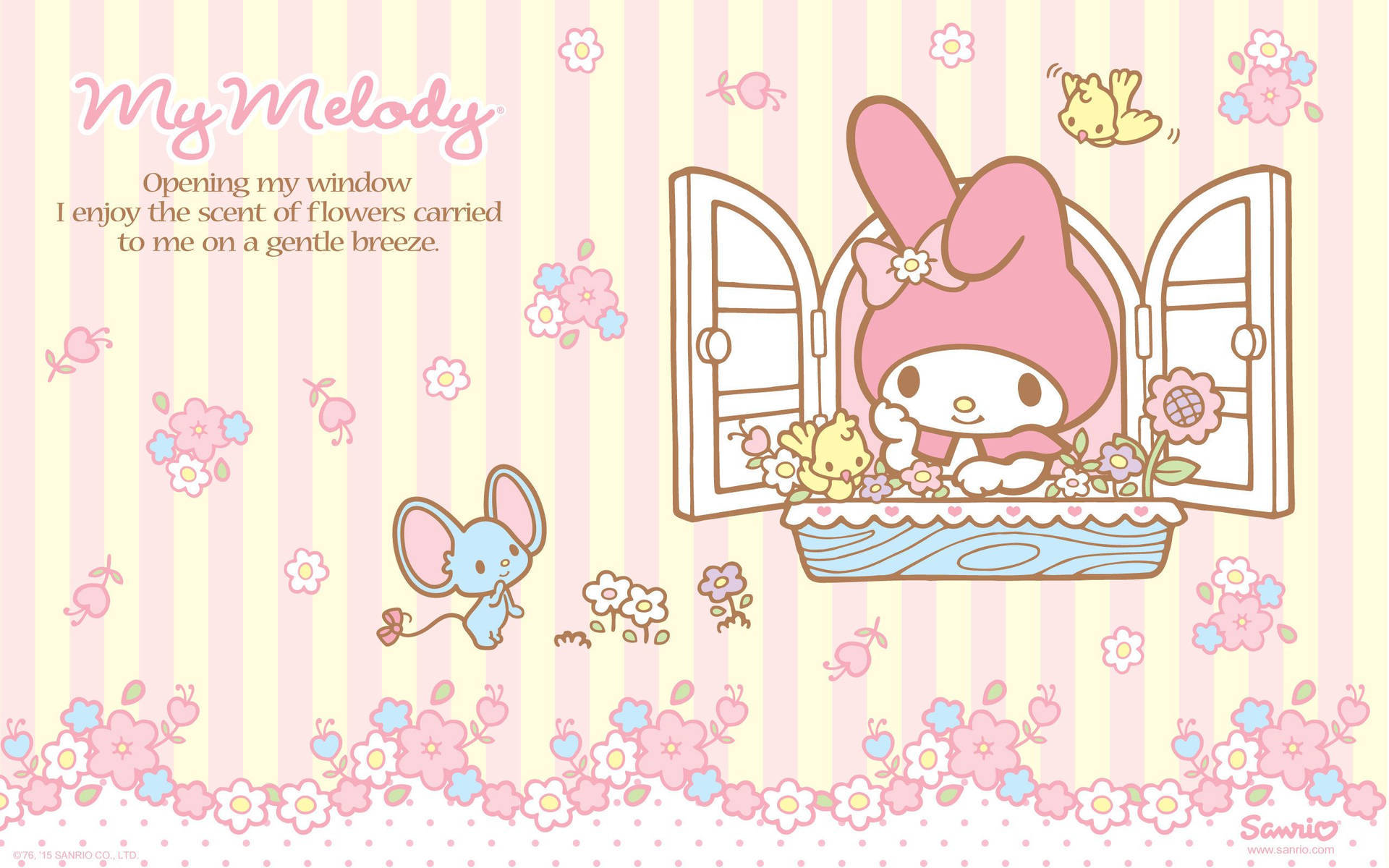 My Melody 在一個有花朵和藍色老鼠附近的窗台上。
