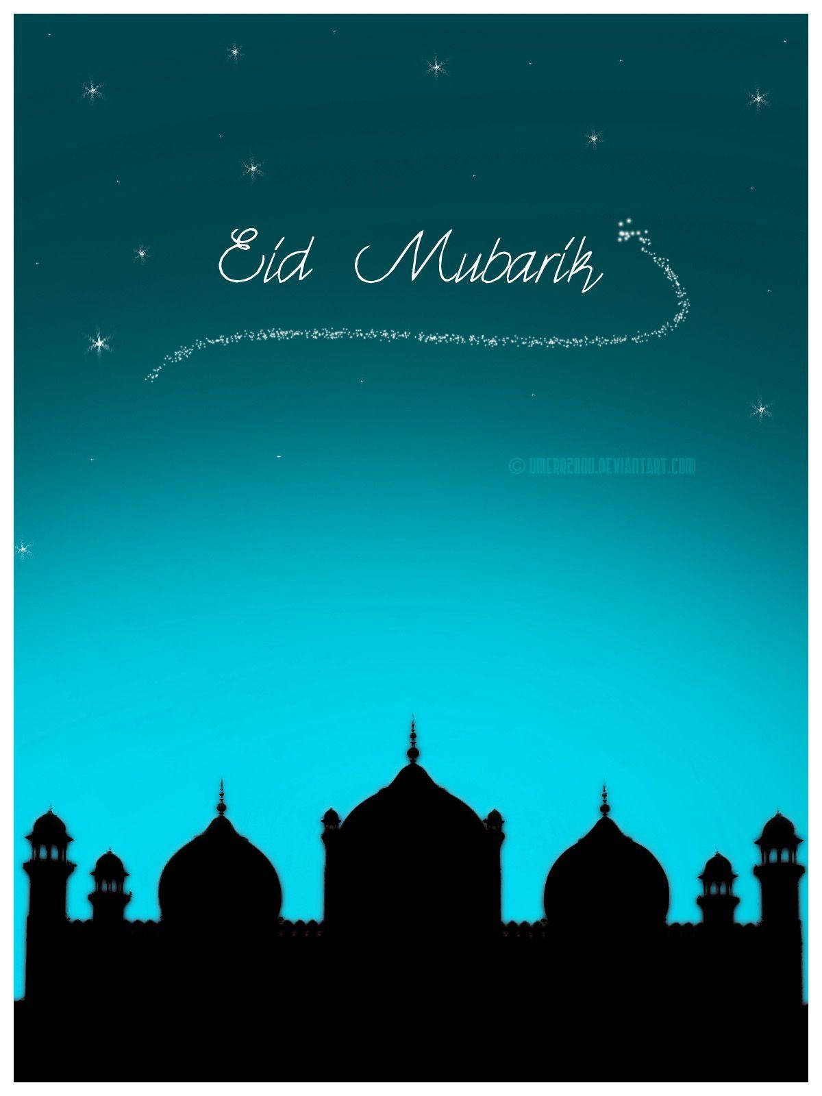 在繁星點點的藍綠色天空下，清真寺剪影與Eid Mubarak的祝福。
