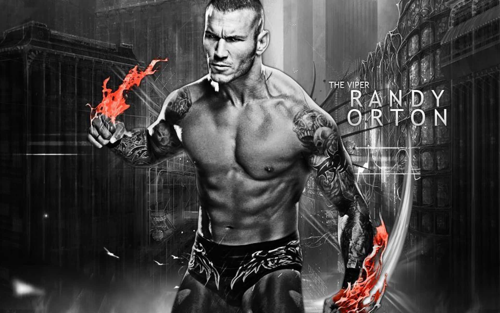 摔角手 Randy Orton 在黑暗的城市景觀中拳頭噴出火焰。