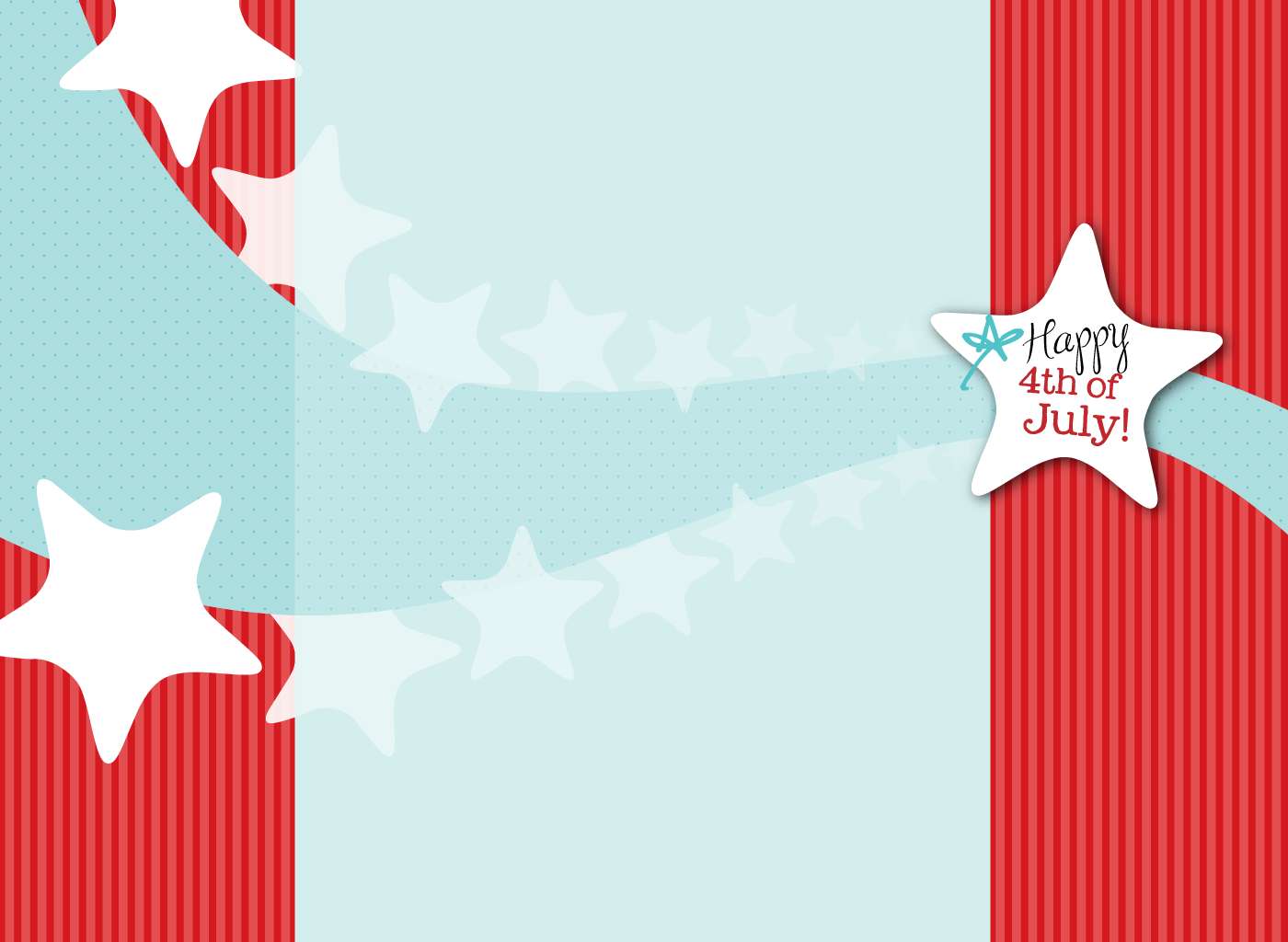 紅色和藍色條紋背景，帶有白色星星和星形「Happy 4th of July!」問候語。