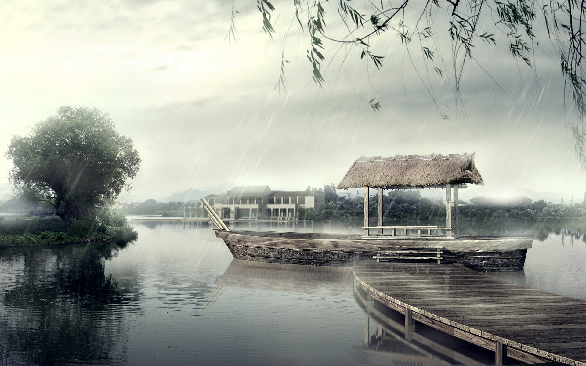 落雨 桌布 壁紙 — 在垂柳枝下，一個霧雨天的寧靜湖邊，有木製碼頭和茅草亭。