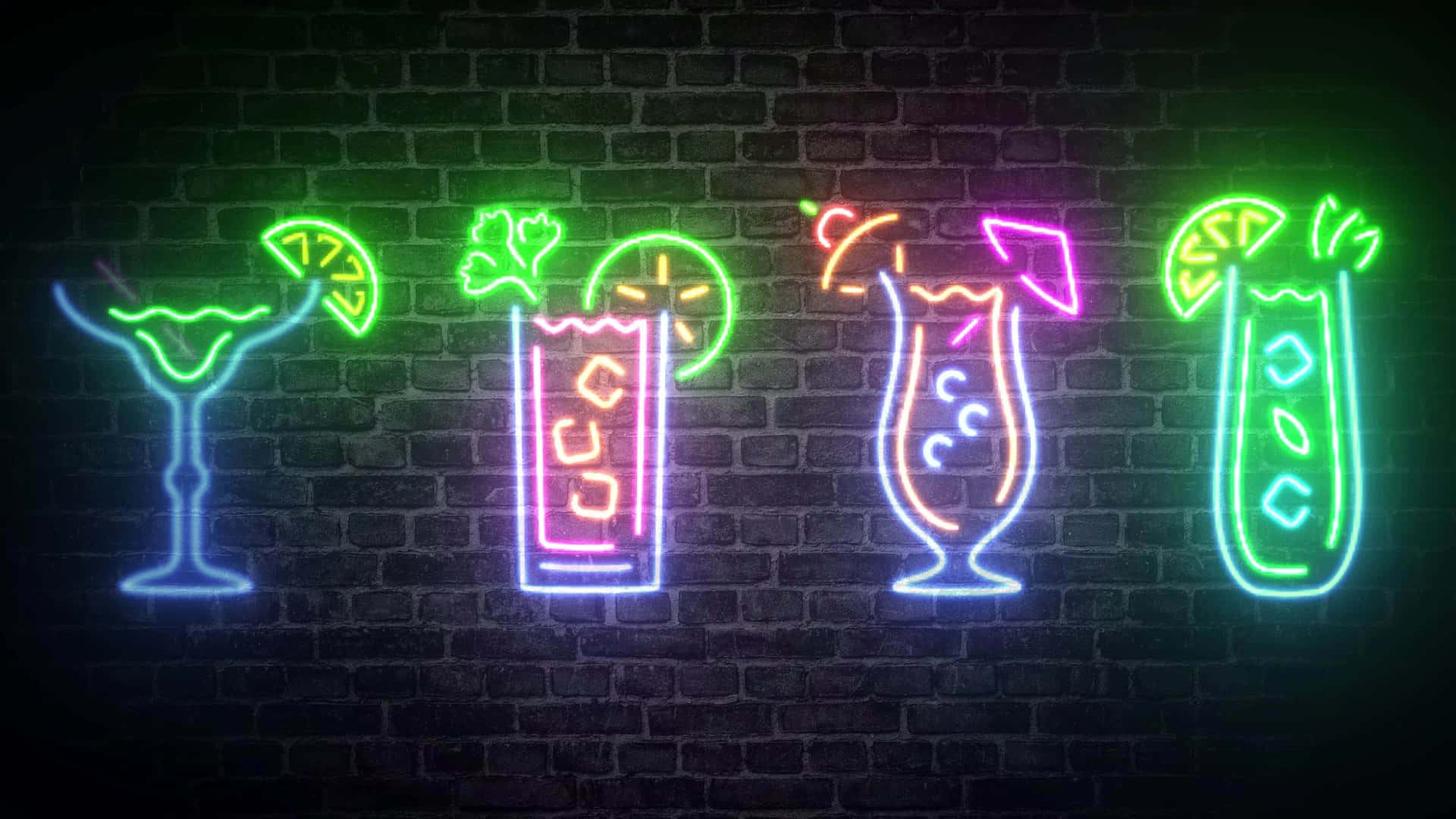 夜晚磚牆上的雞尾酒霓虹標誌