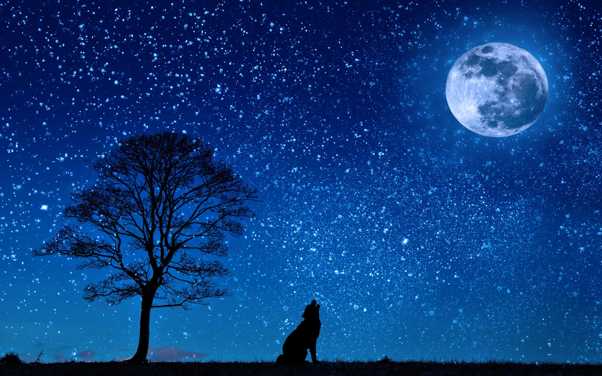 狼在星空夜空下對著月亮嚎叫，旁邊有棵光禿的樹。