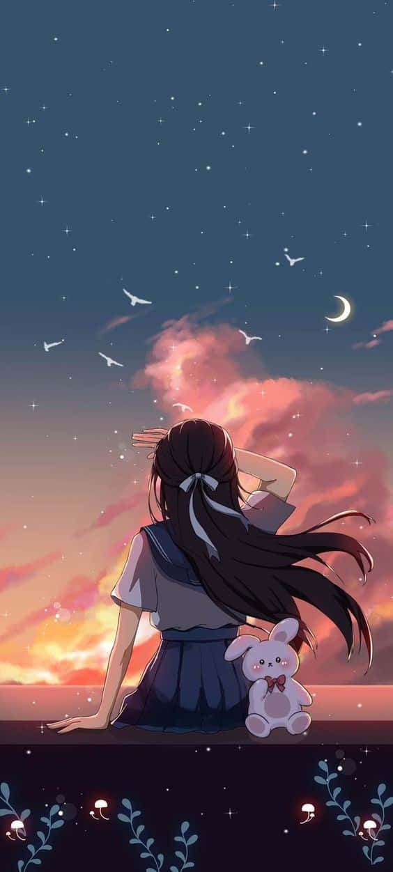 長髮女孩和毛絨兔子在黃昏時看星星和月亮。