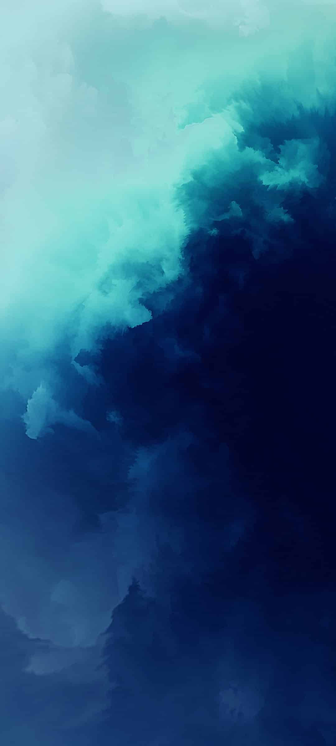 Oneplus 桌布 壁紙 — 在夢幻般的數位天空中，藍綠色和深藍色雲朵旋轉的寧靜抽象漸變。