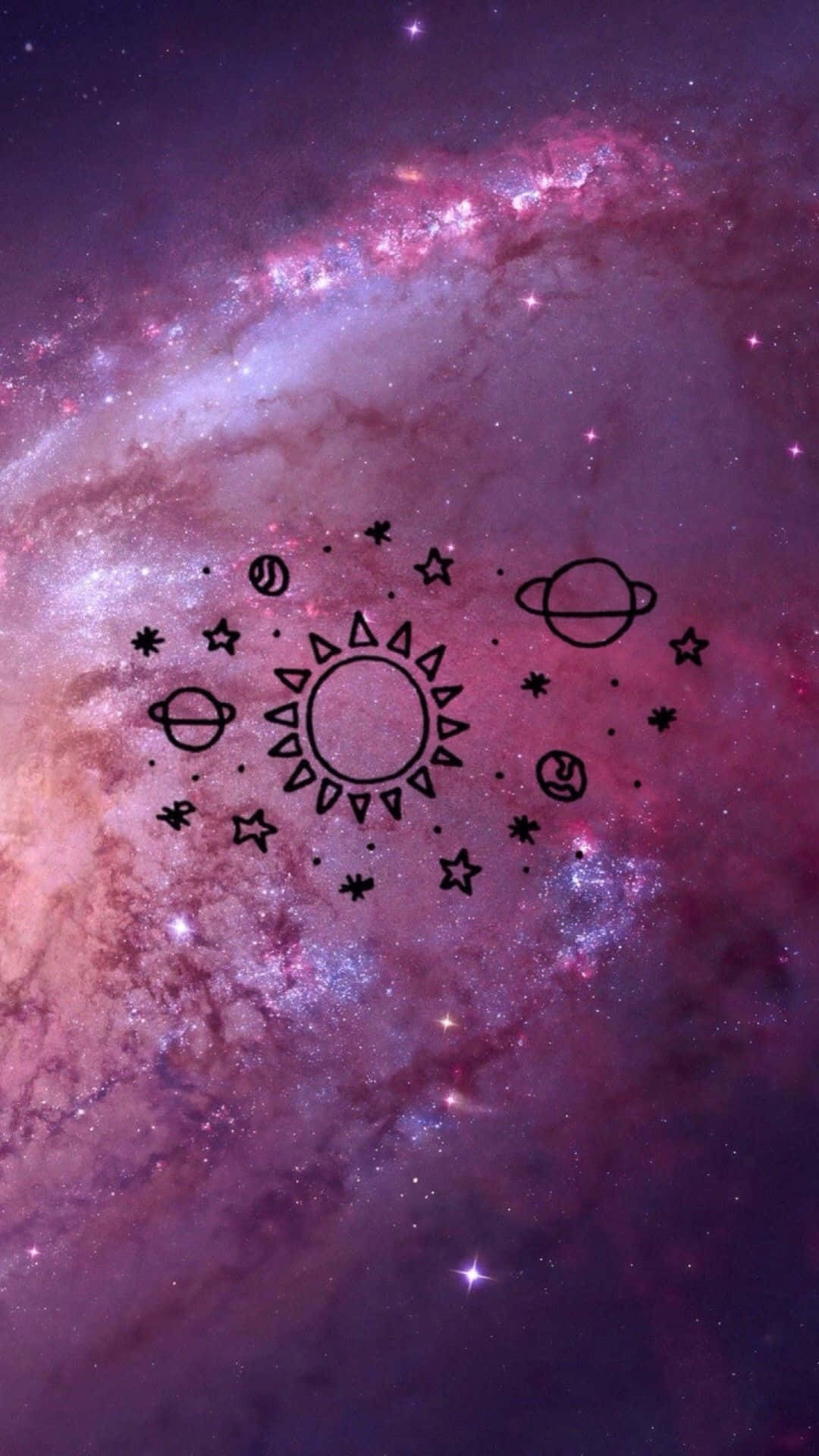 風格化的太陽和行星漂浮在色彩繽紛的宇宙星雲中。
