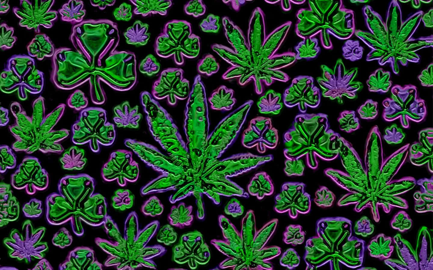 黑色背景上的螢光綠色和紫色大麻葉圖案。